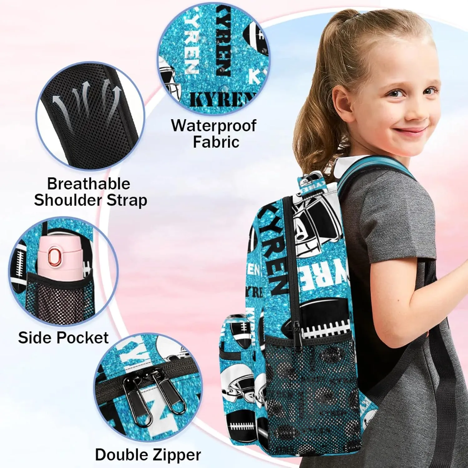 Personalized Football Backpack for Men Women, Custom Sports Bag Backpack with Name, Laptop Backpacks Daypack for Travel Camping, Blue Glitter