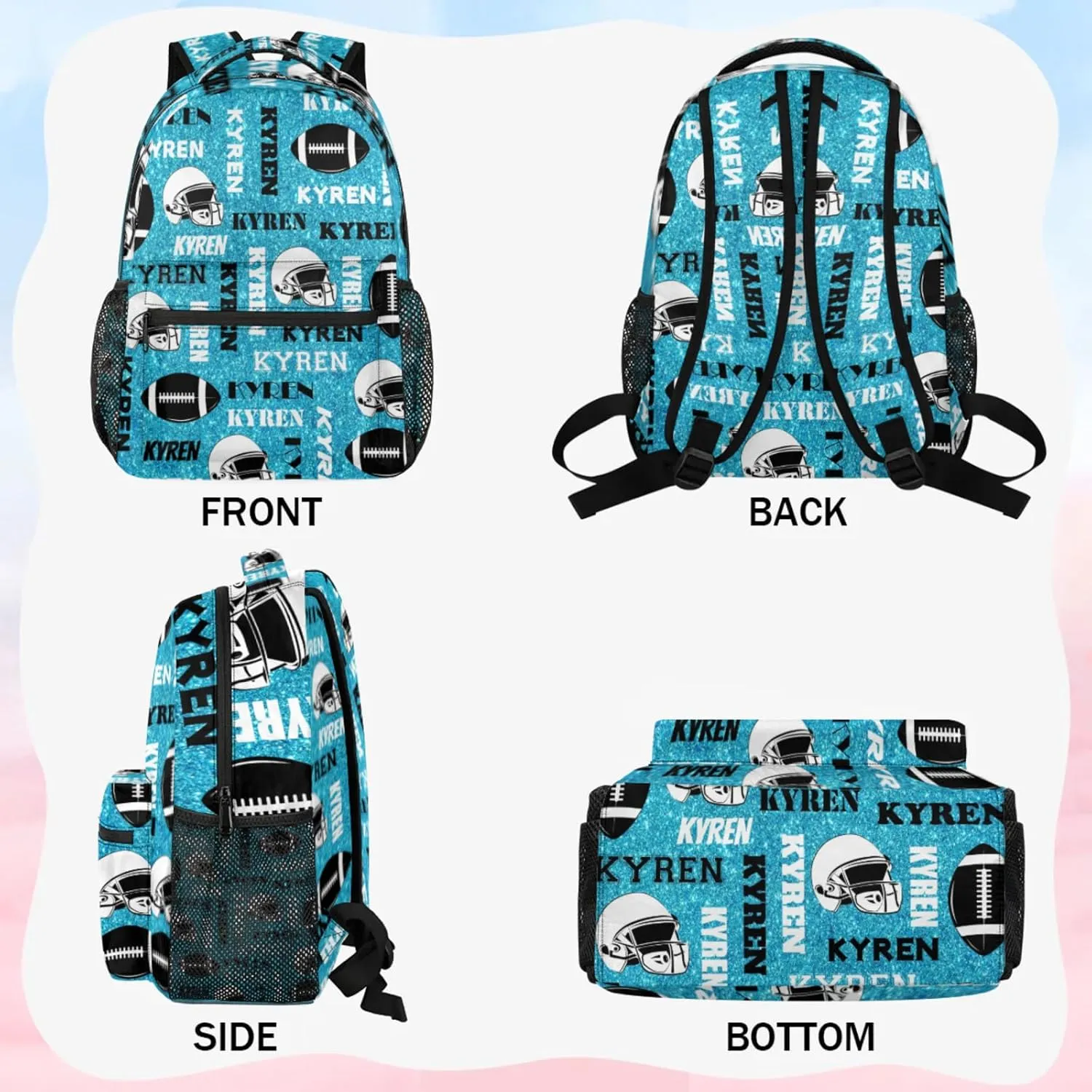 Personalized Football Backpack for Men Women, Custom Sports Bag Backpack with Name, Laptop Backpacks Daypack for Travel Camping, Blue Glitter