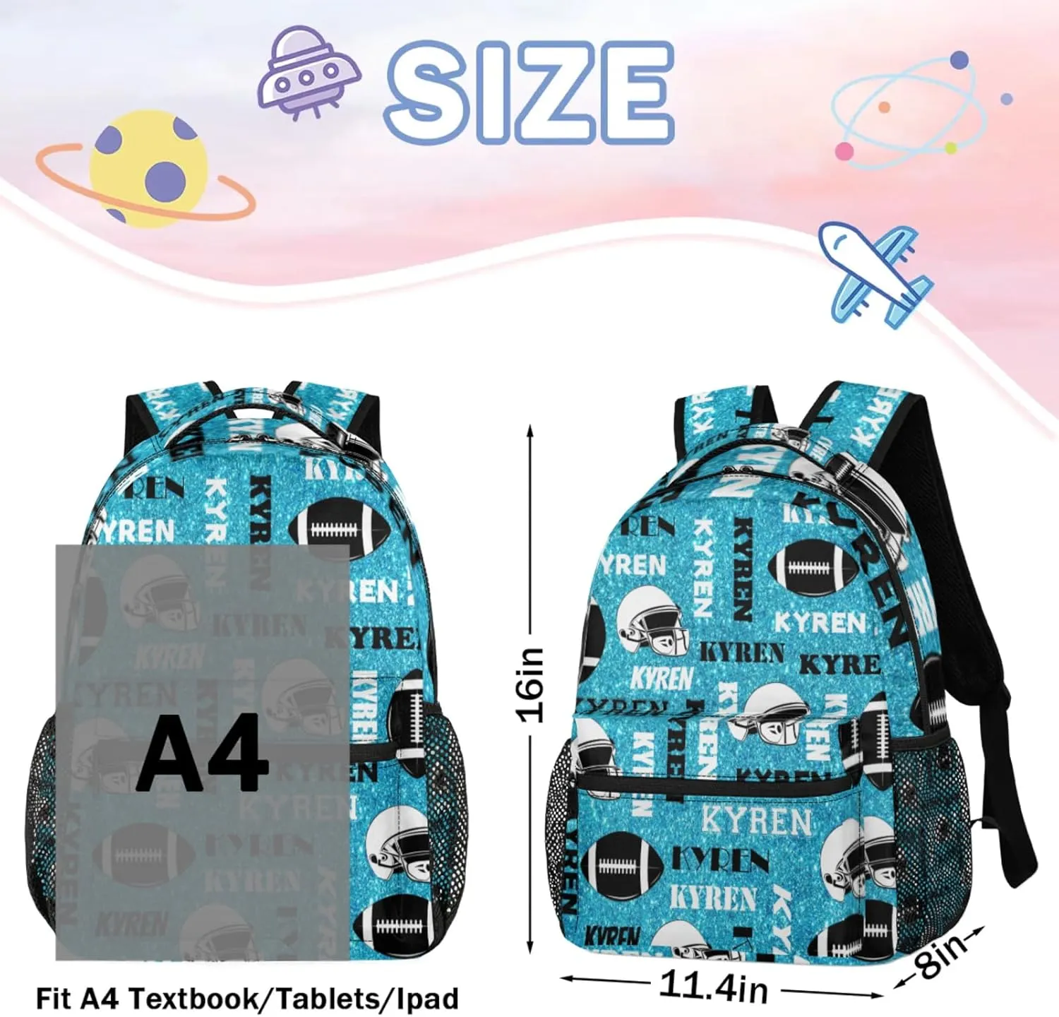 Personalized Football Backpack for Men Women, Custom Sports Bag Backpack with Name, Laptop Backpacks Daypack for Travel Camping, Blue Glitter