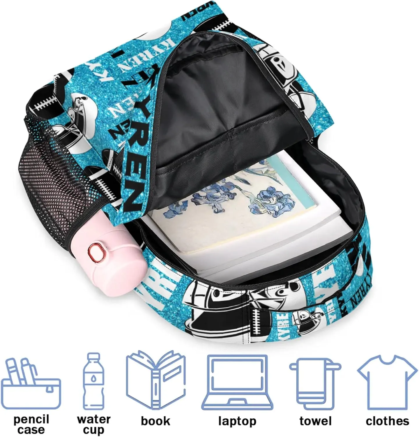 Personalized Football Backpack for Men Women, Custom Sports Bag Backpack with Name, Laptop Backpacks Daypack for Travel Camping, Blue Glitter