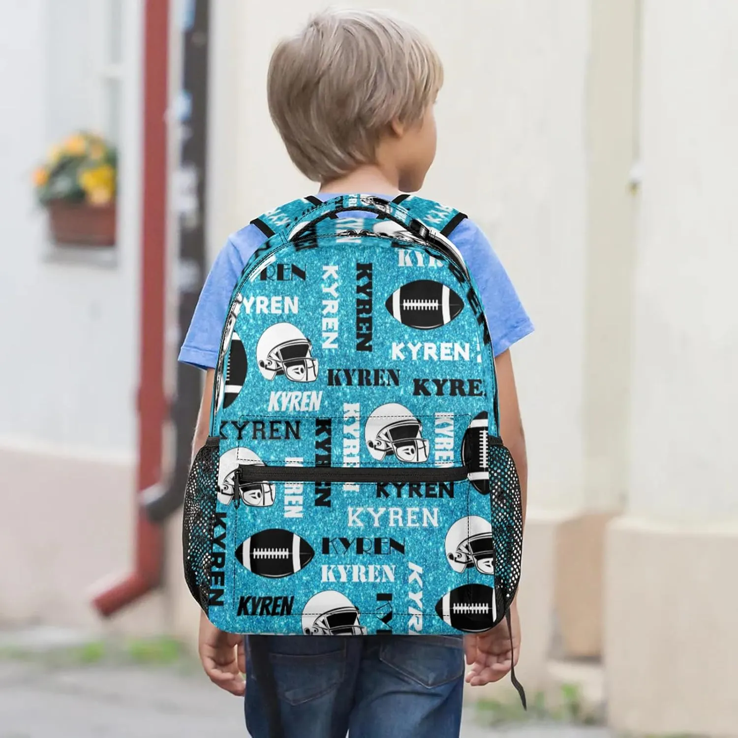 Personalized Football Backpack for Men Women, Custom Sports Bag Backpack with Name, Laptop Backpacks Daypack for Travel Camping, Blue Glitter