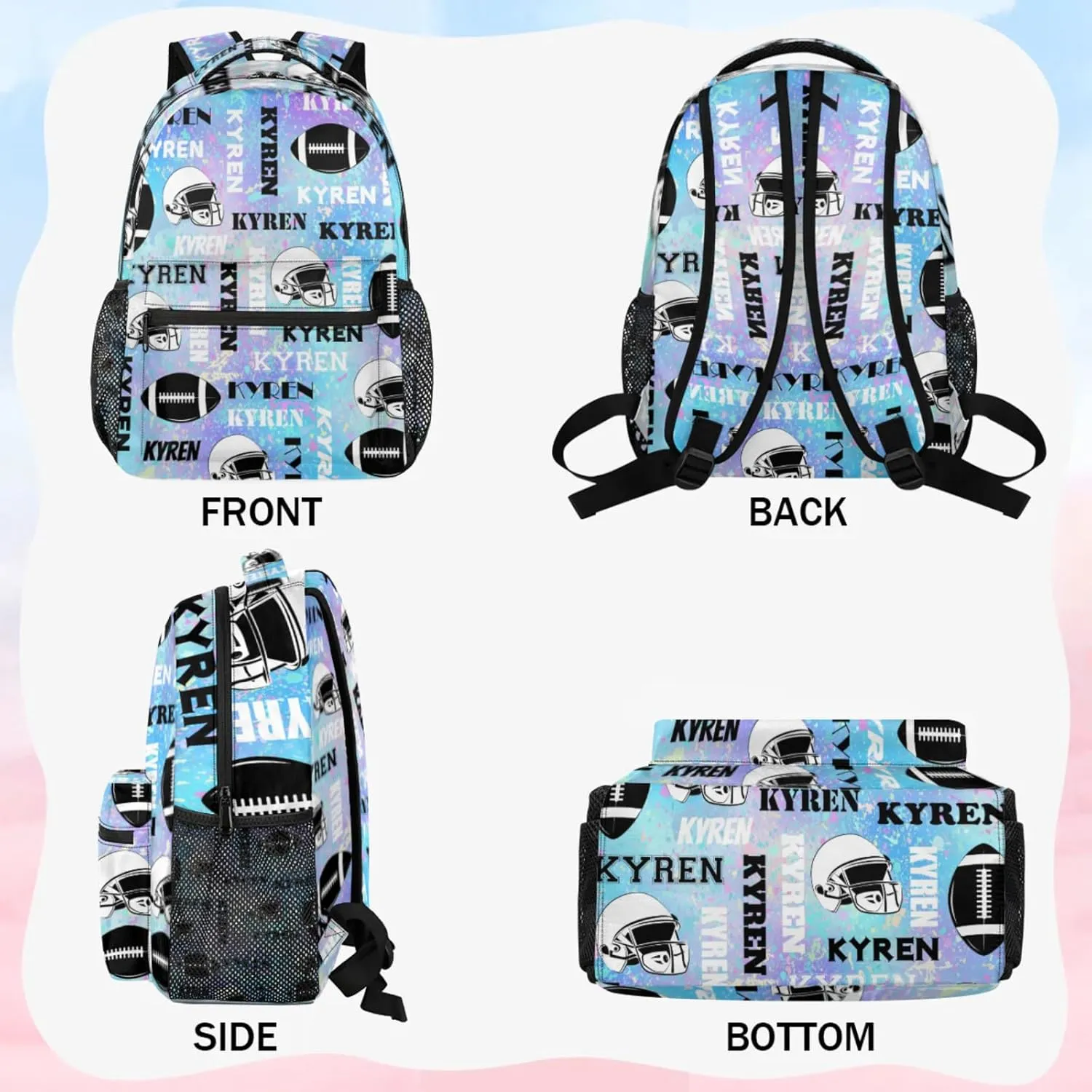 Personalized Football Backpack for Men Women, Custom Sports Bag Backpack with Name, Laptop Backpacks Daypack for Travel Camping, Blue Purple