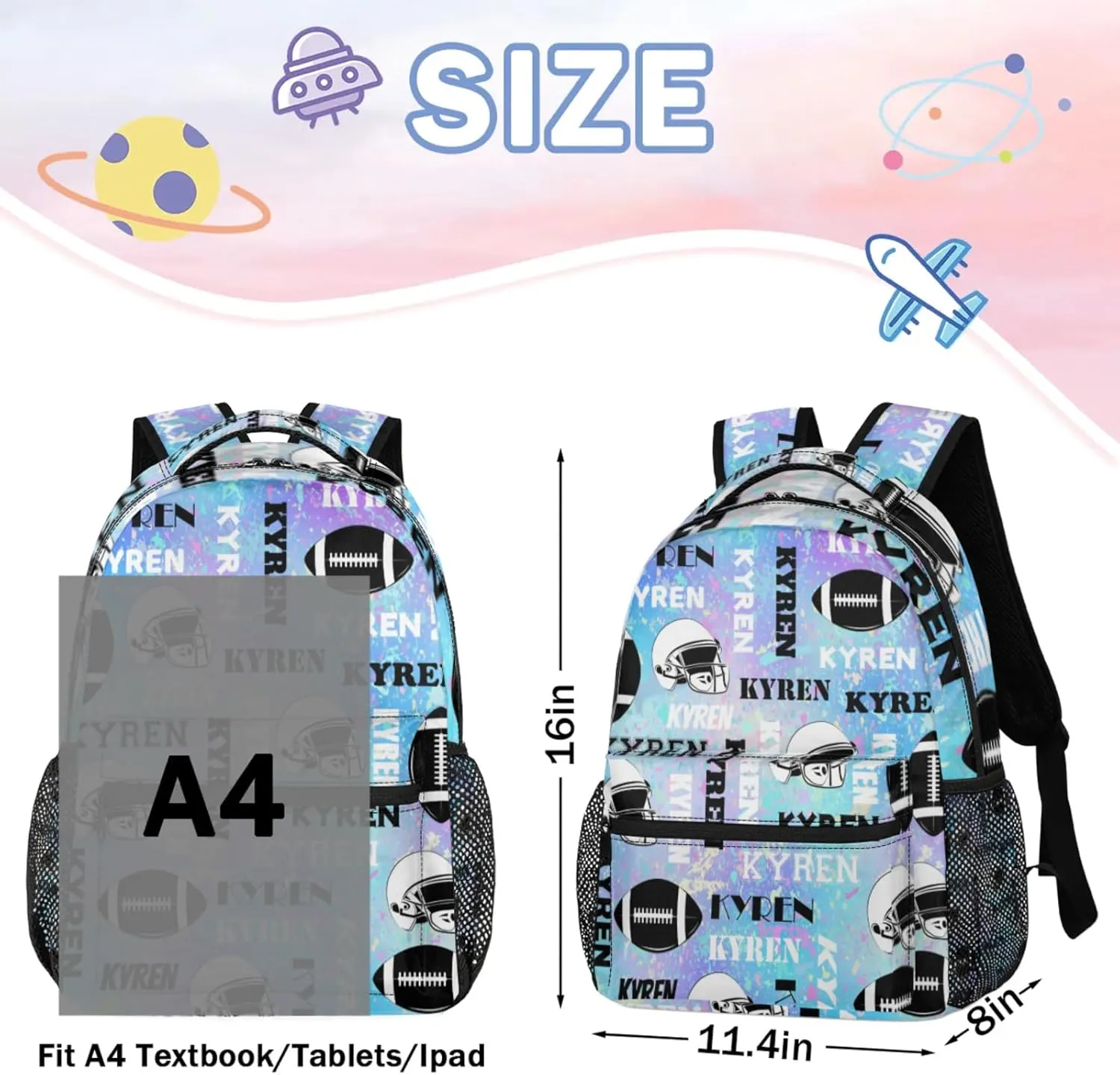 Personalized Football Backpack for Men Women, Custom Sports Bag Backpack with Name, Laptop Backpacks Daypack for Travel Camping, Blue Purple