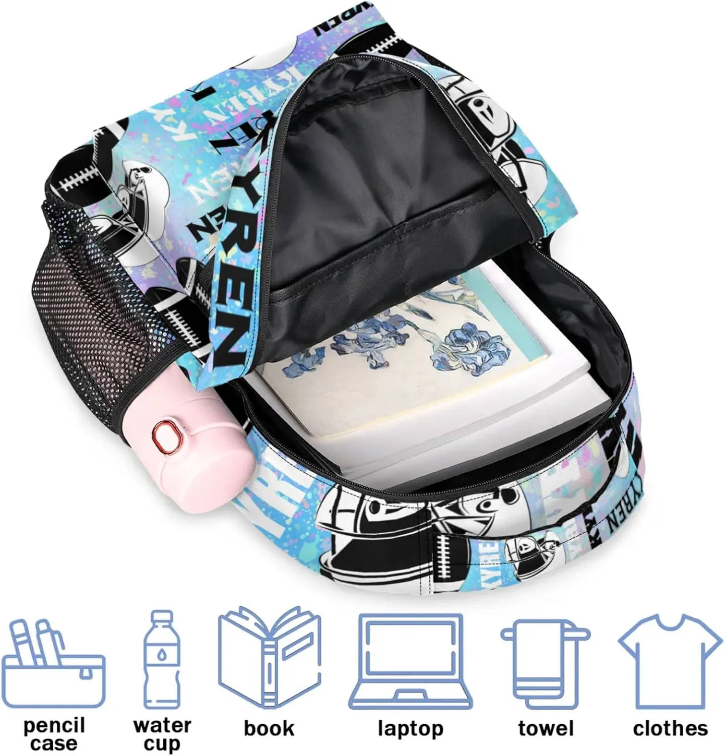 Personalized Football Backpack for Men Women, Custom Sports Bag Backpack with Name, Laptop Backpacks Daypack for Travel Camping, Blue Purple