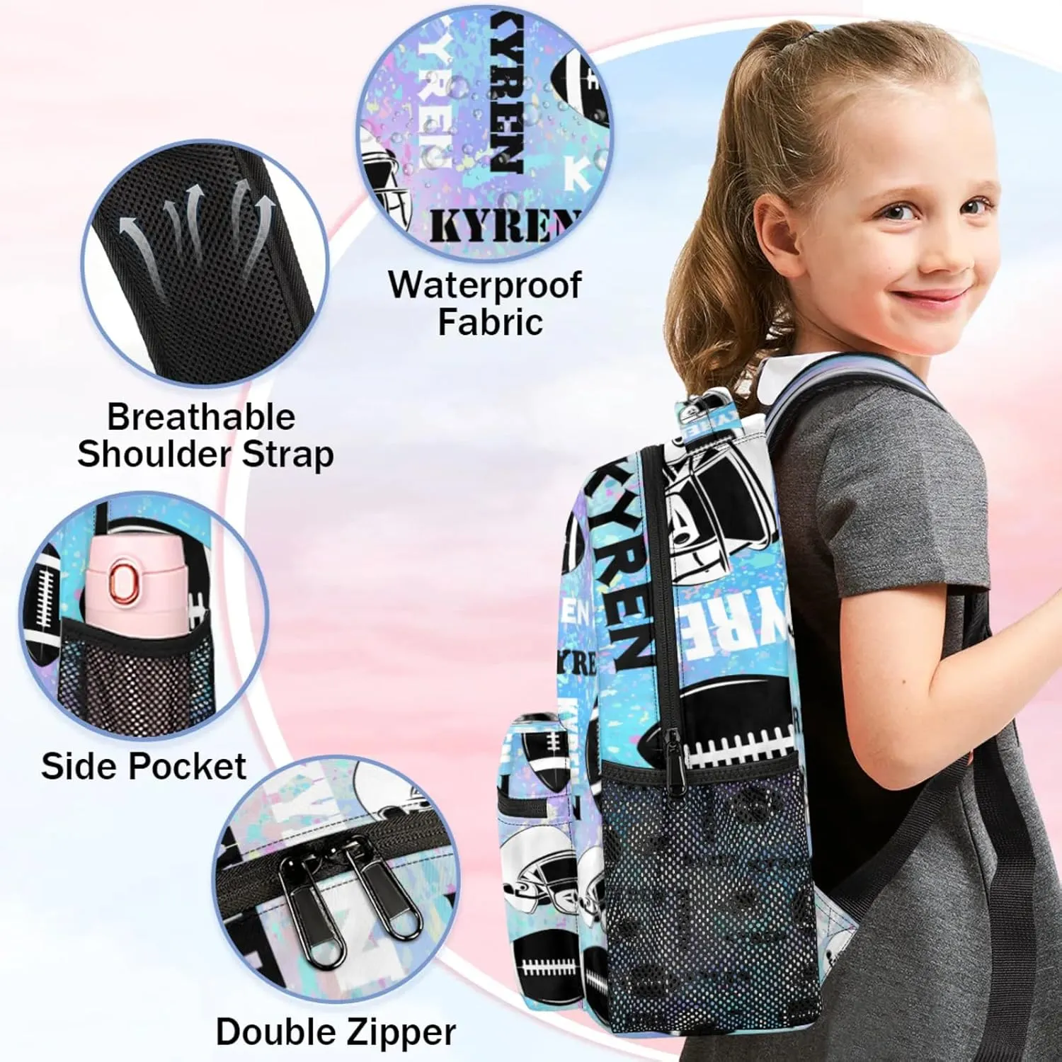 Personalized Football Backpack for Men Women, Custom Sports Bag Backpack with Name, Laptop Backpacks Daypack for Travel Camping, Blue Purple