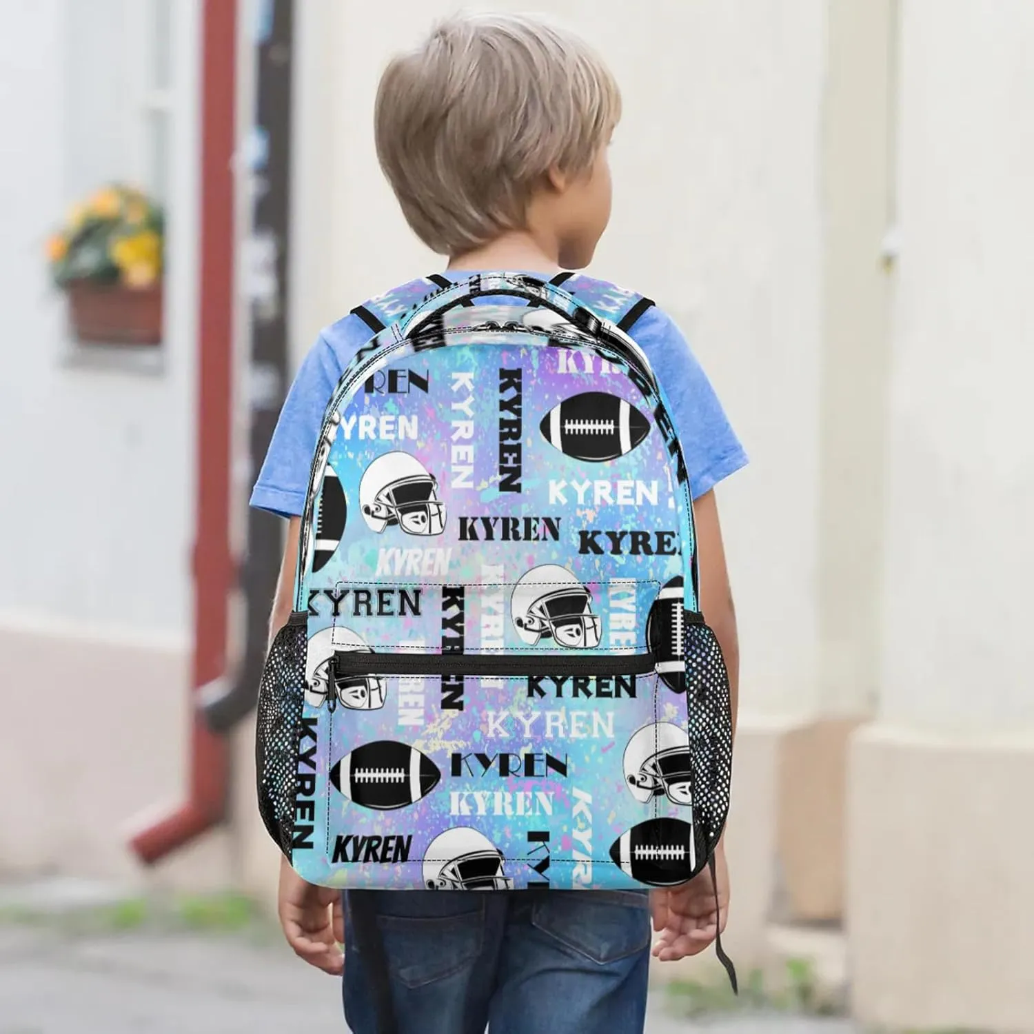 Personalized Football Backpack for Men Women, Custom Sports Bag Backpack with Name, Laptop Backpacks Daypack for Travel Camping, Blue Purple