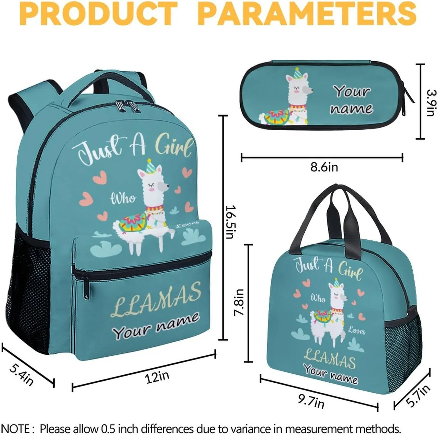 Personalized Llama Backpack with Lunch Box Set for Girls Boys, 3 in 1 Primary Middle School Backpacks Matching Combo, Large Capacity, Durable, Lightweight, Teal Bookbag and Pencil Case Bundle