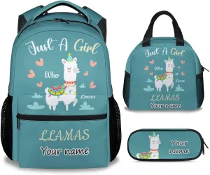 Personalized Llama Backpack with Lunch Box Set for Girls Boys, 3 in 1 Primary Middle School Backpacks Matching Combo, Large Capacity, Durable, Lightweight, Teal Bookbag and Pencil Case Bundle