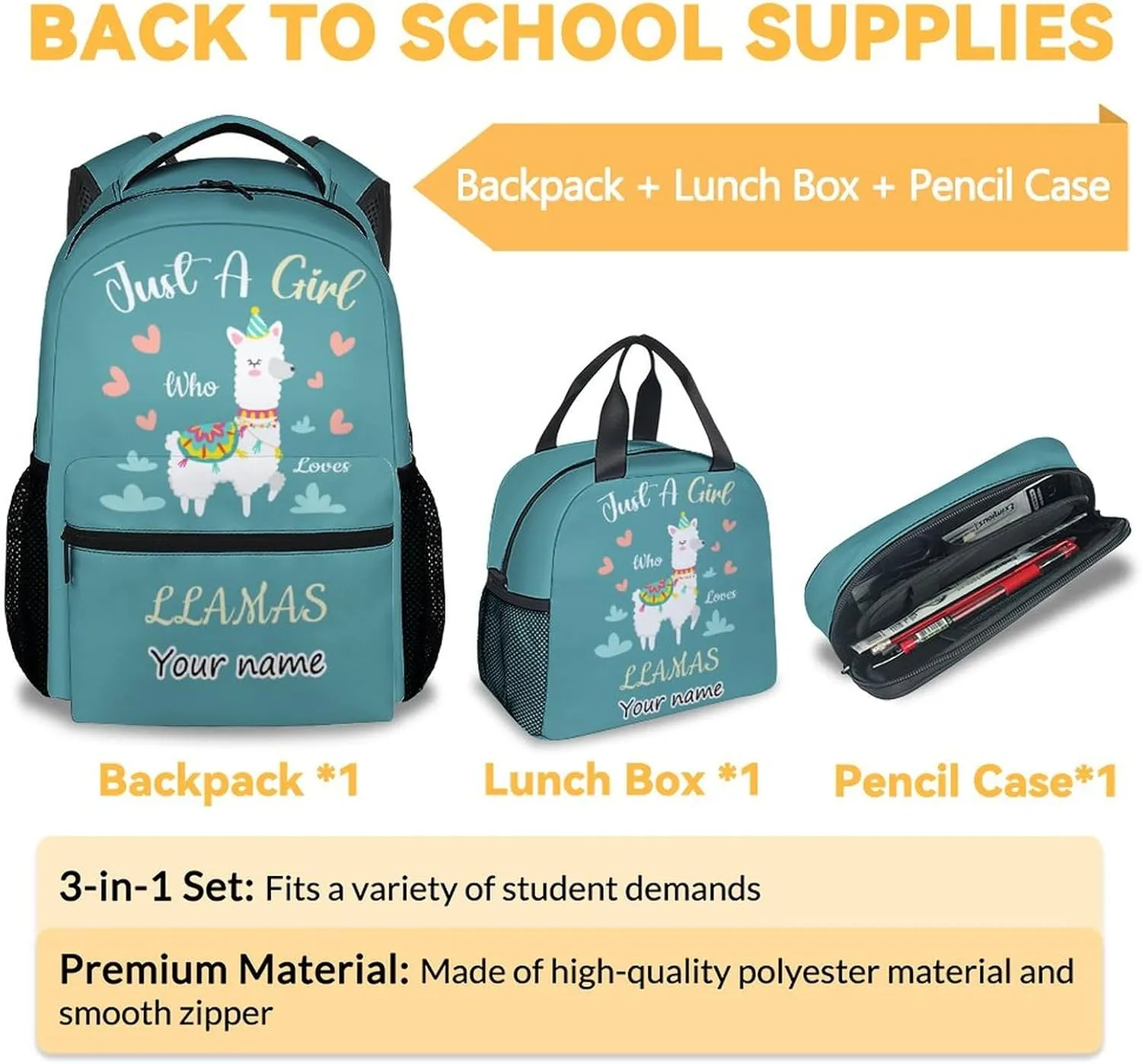 Personalized Llama Backpack with Lunch Box Set for Girls Boys, 3 in 1 Primary Middle School Backpacks Matching Combo, Large Capacity, Durable, Lightweight, Teal Bookbag and Pencil Case Bundle