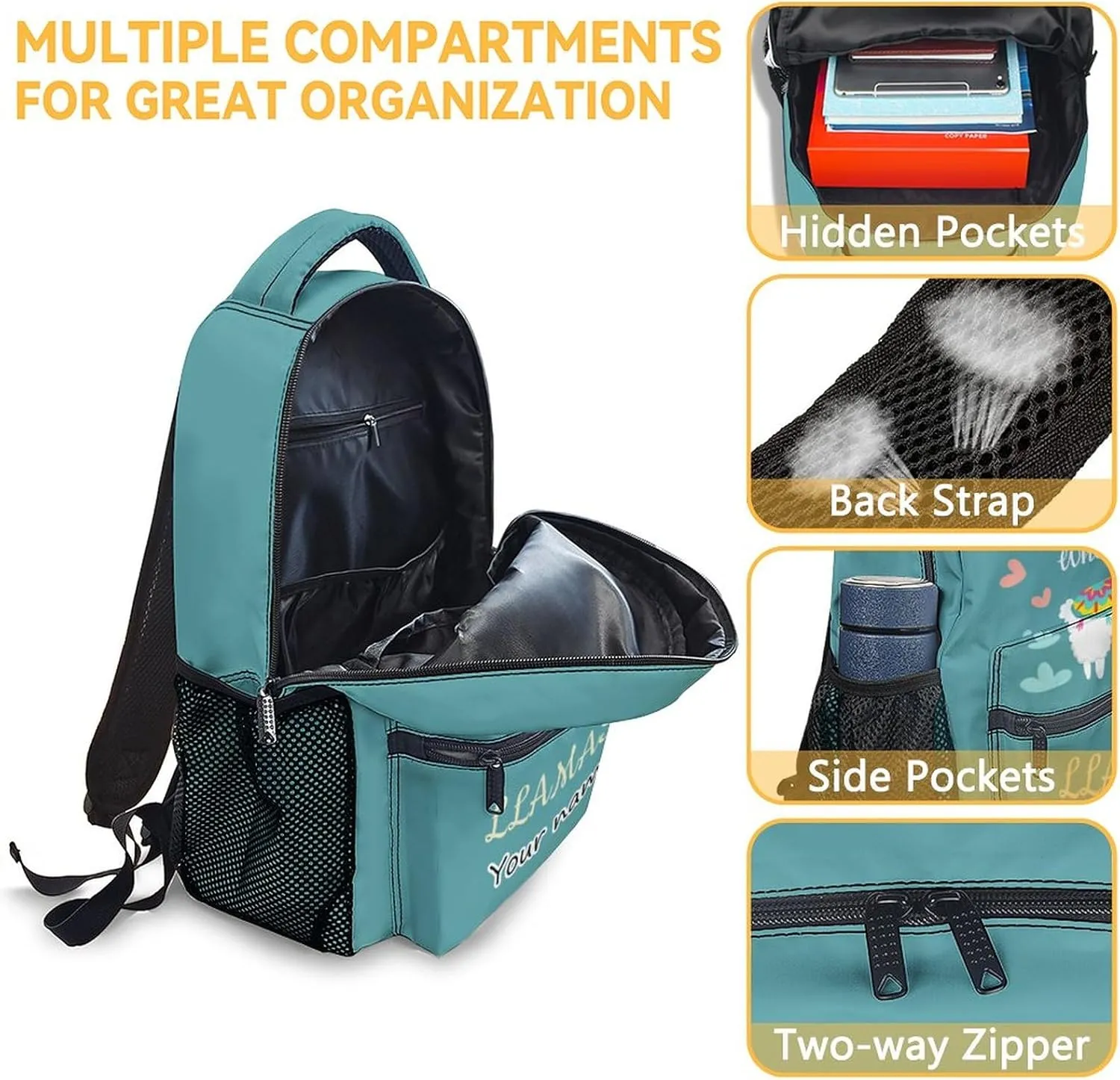 Personalized Llama Backpack with Lunch Box Set for Girls Boys, 3 in 1 Primary Middle School Backpacks Matching Combo, Large Capacity, Durable, Lightweight, Teal Bookbag and Pencil Case Bundle