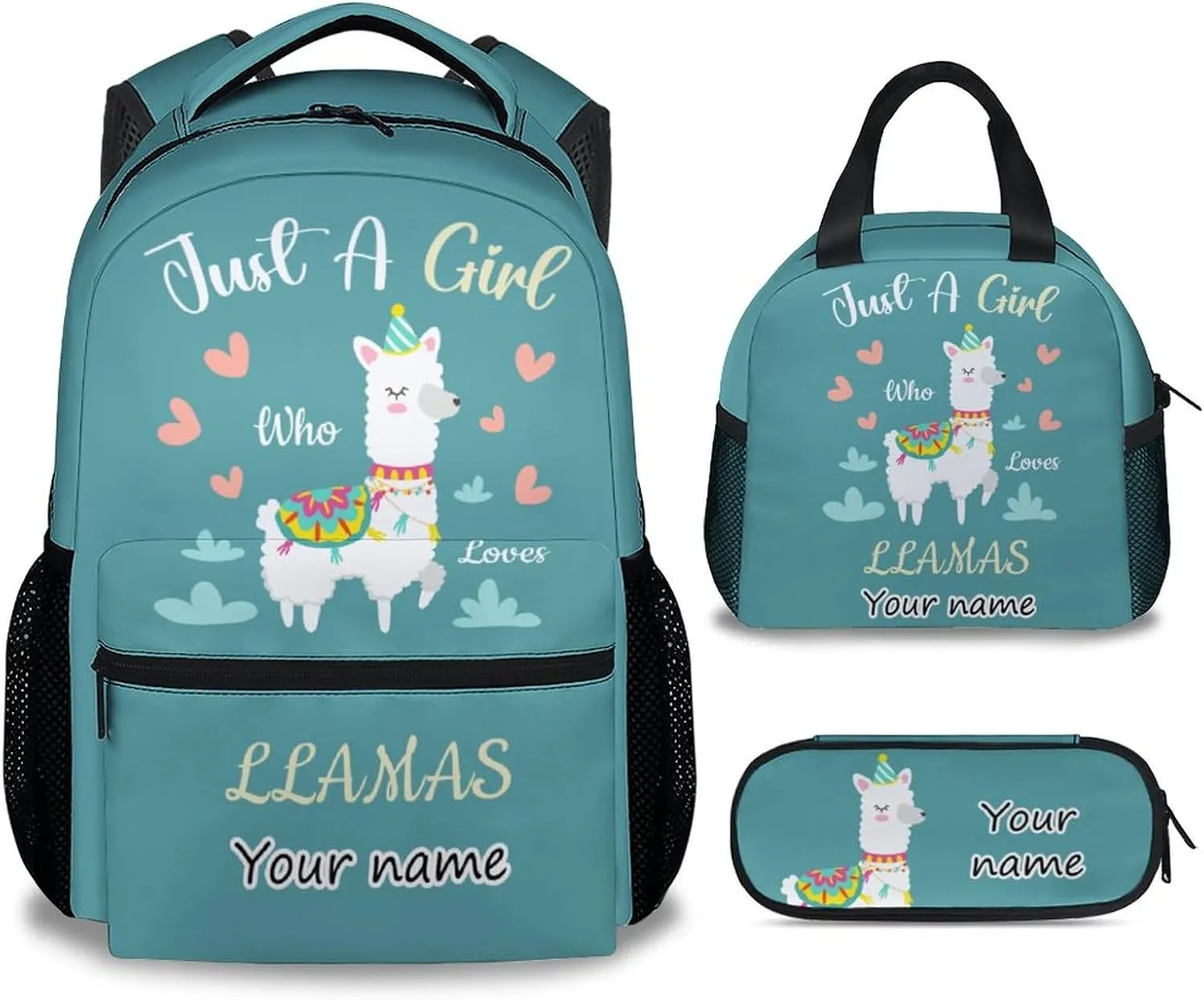 Personalized Llama Backpack with Lunch Box Set for Girls Boys, 3 in 1 Primary Middle School Backpacks Matching Combo, Large Capacity, Durable, Lightweight, Teal Bookbag and Pencil Case Bundle