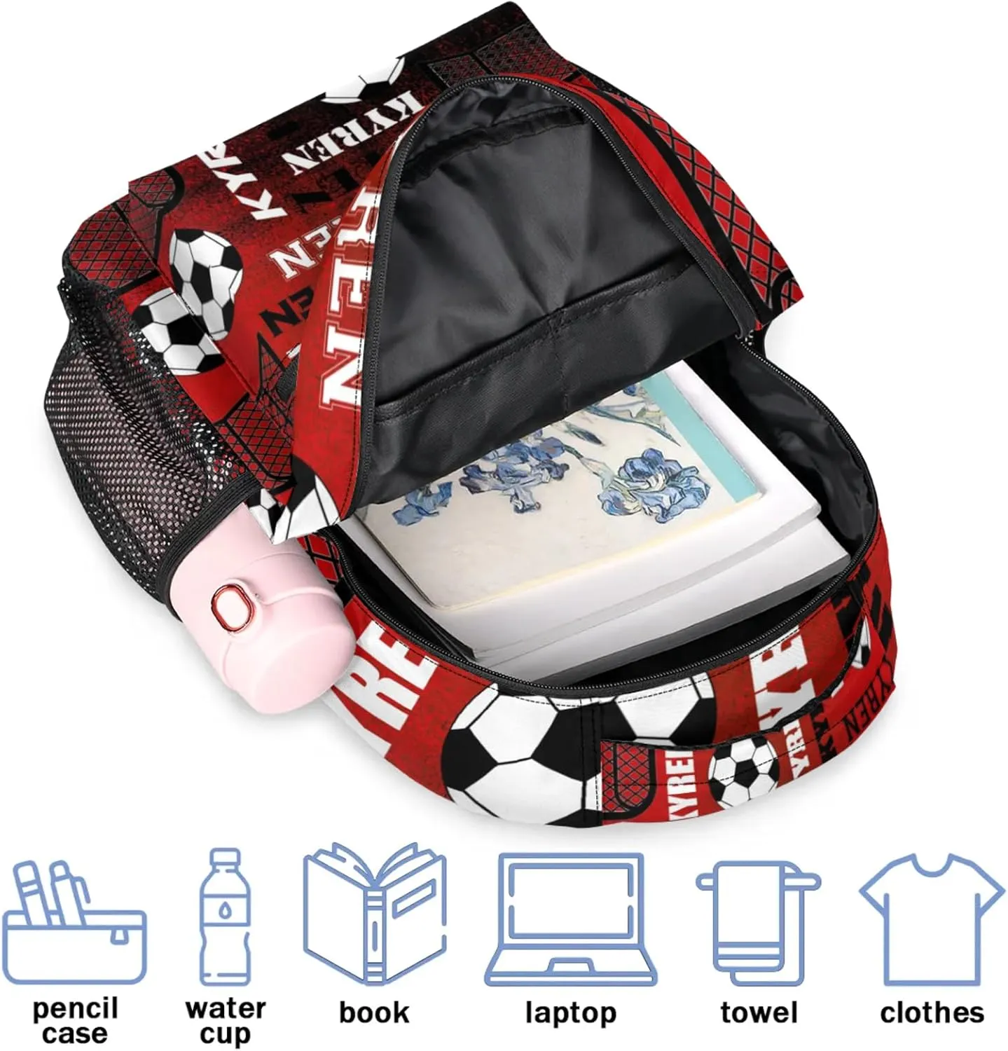 Personalized Name Soccer Backpack for Men Women, Customized Sports Bag Backpack Custom Laptop Backpacks Travel Camping Daypack, Black Red