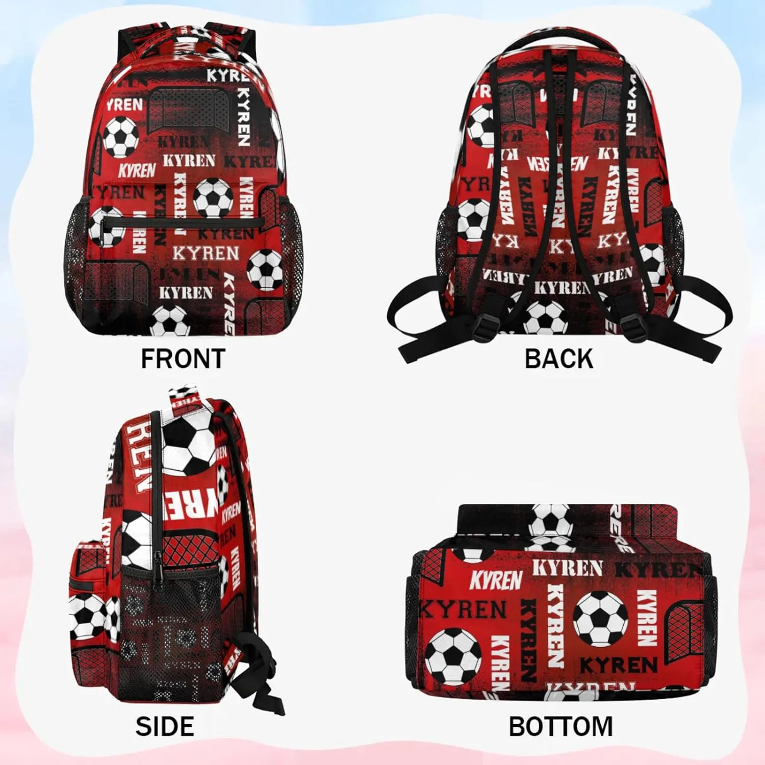 Personalized Name Soccer Backpack for Men Women, Customized Sports Bag Backpack Custom Laptop Backpacks Travel Camping Daypack, Black Red