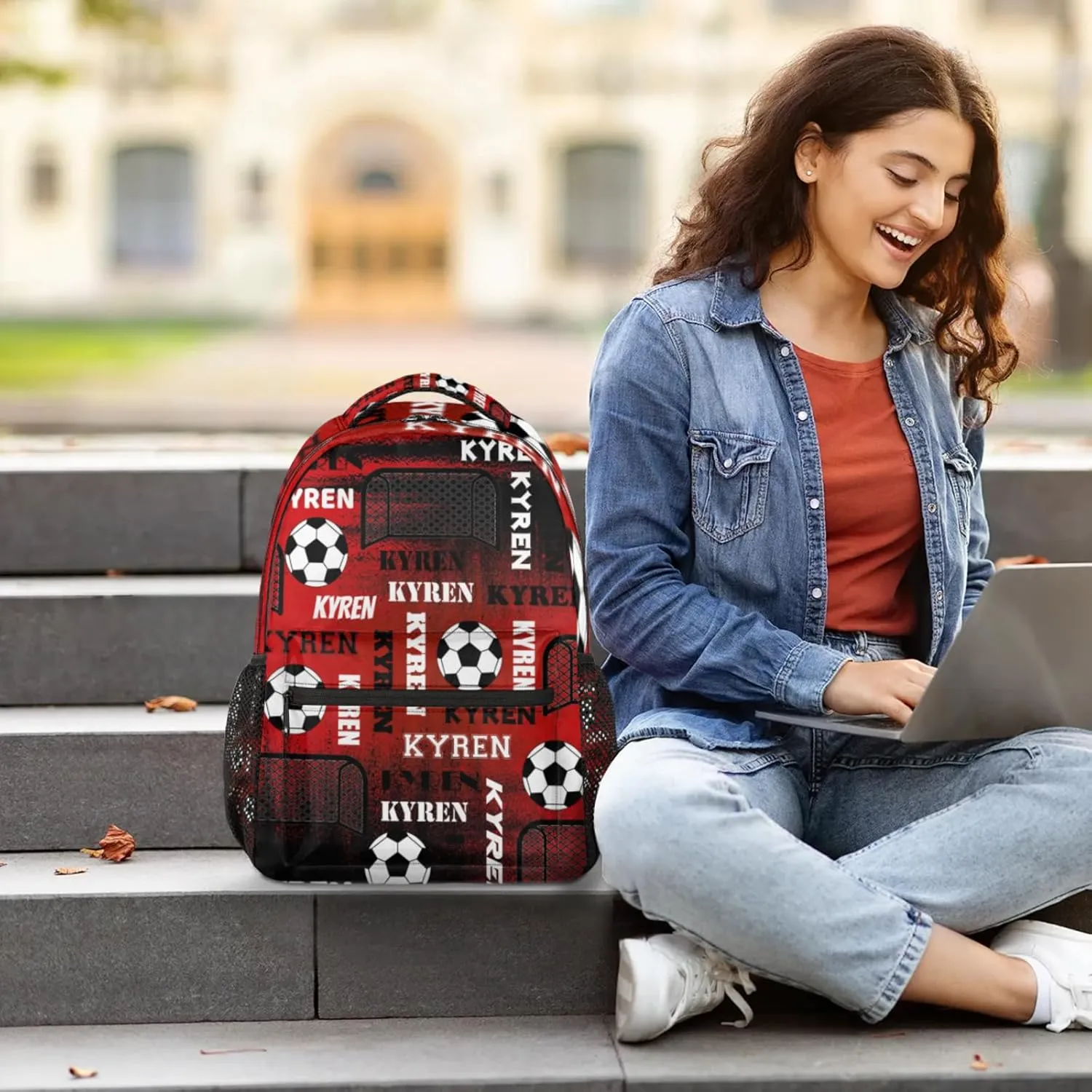 Personalized Name Soccer Backpack for Men Women, Customized Sports Bag Backpack Custom Laptop Backpacks Travel Camping Daypack, Black Red