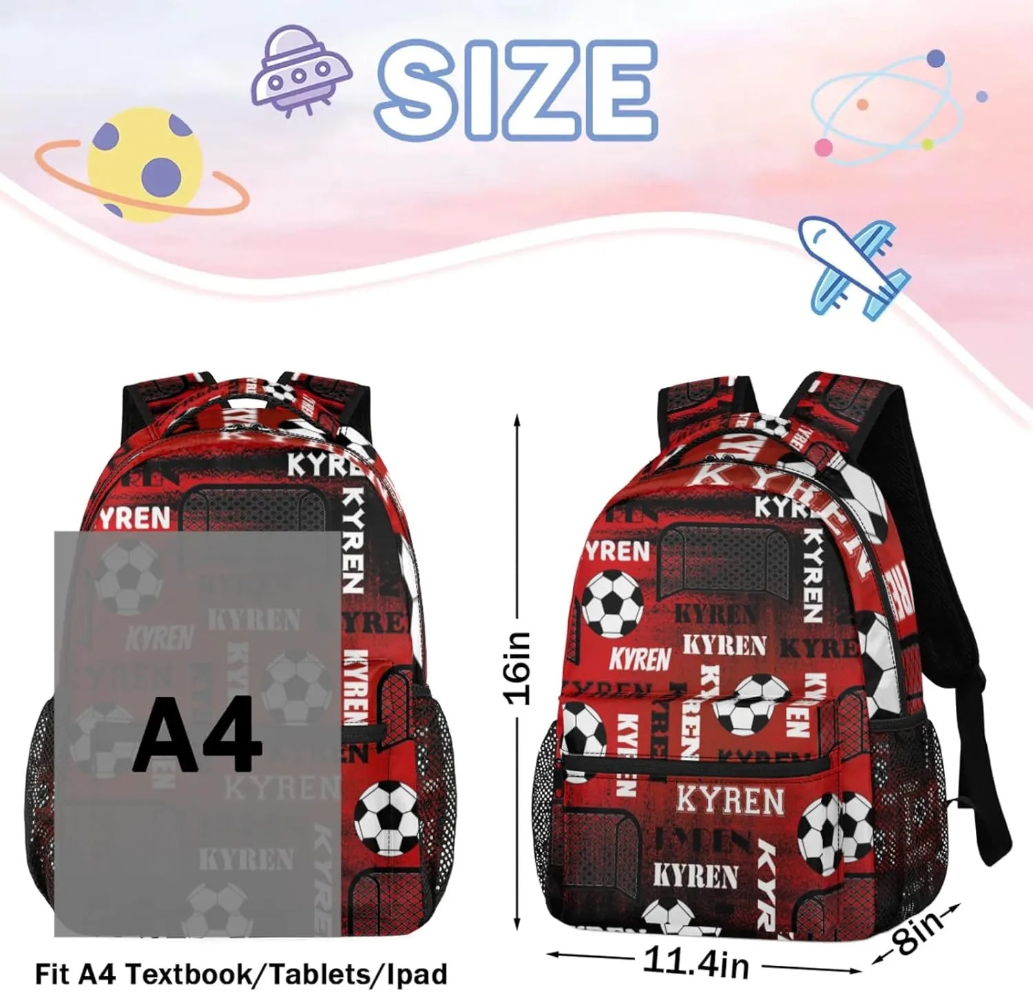 Personalized Name Soccer Backpack for Men Women, Customized Sports Bag Backpack Custom Laptop Backpacks Travel Camping Daypack, Black Red
