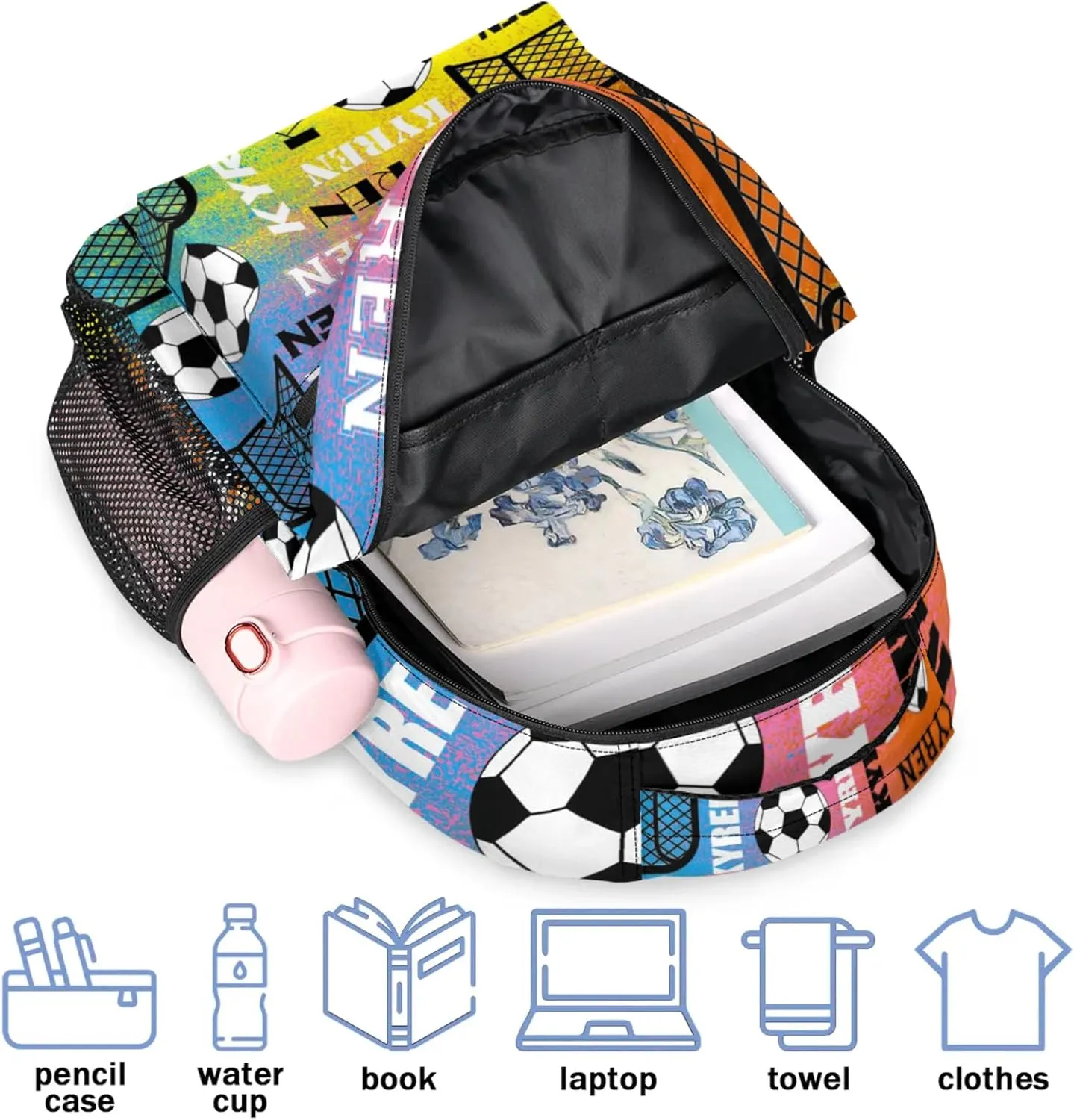 Personalized Name Soccer Backpack for Men Women, Customized Sports Bag Backpack Custom Laptop Backpacks Travel Camping Daypack, Colorful