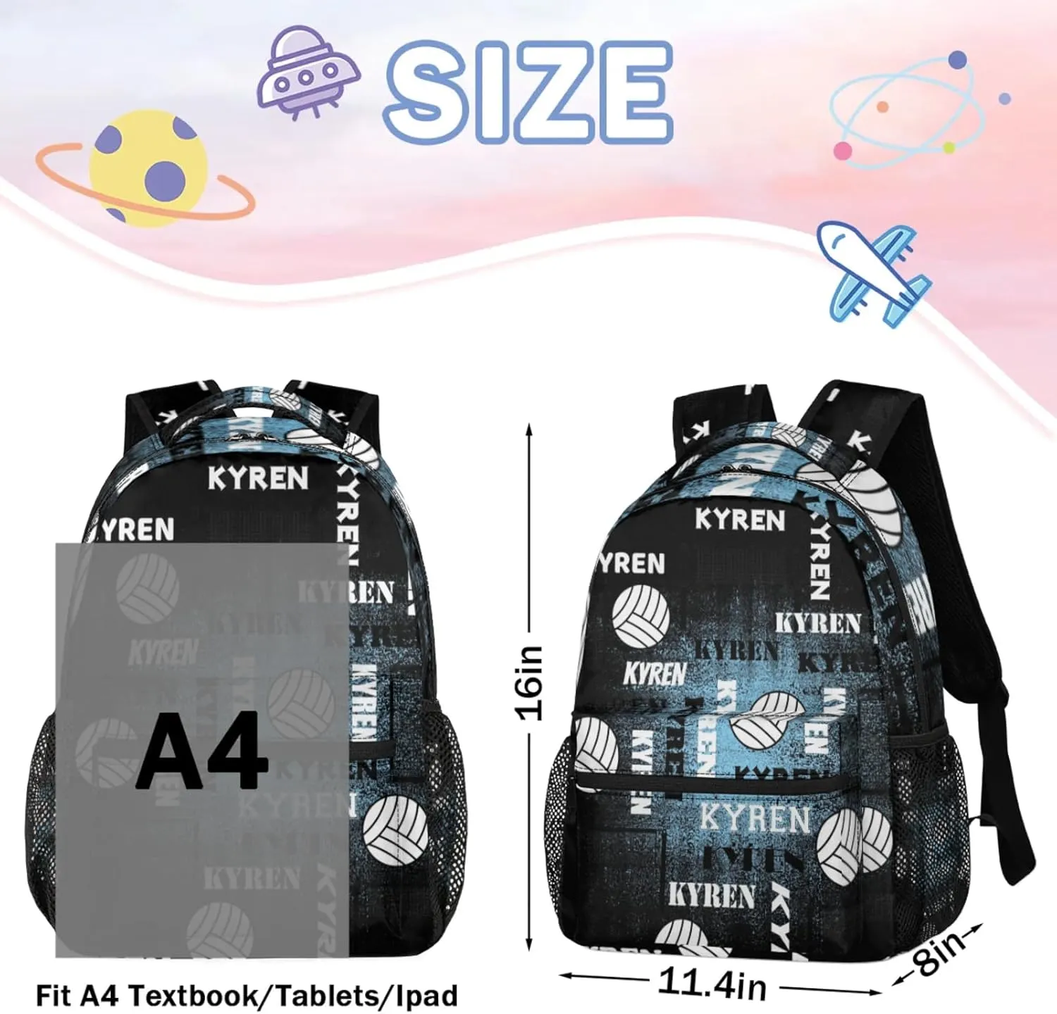 Personalized Name Volleyball Backpack, Custom Sports Bag Backpack for Men Women, Laptop Backpacks Travel Camping Daypack, Blue Black