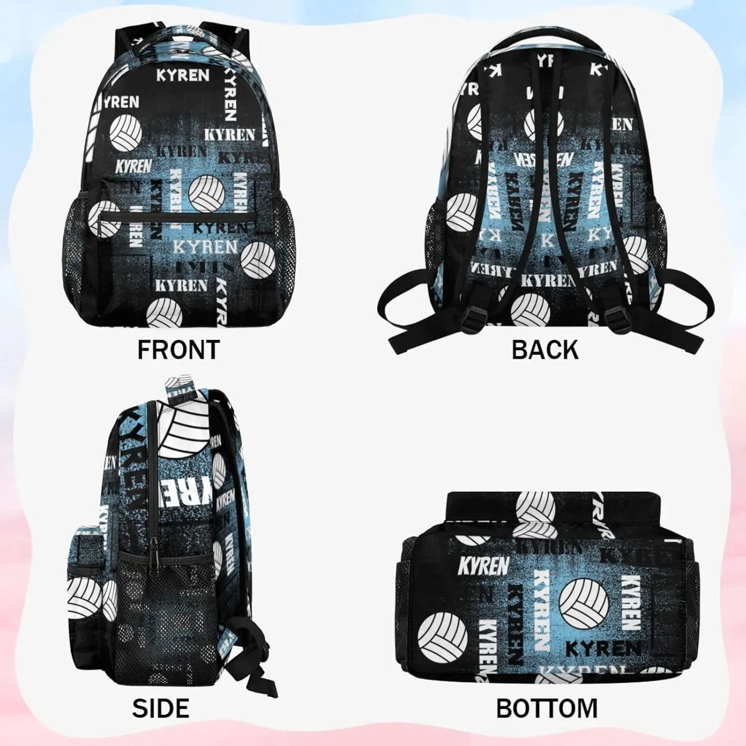 Personalized Name Volleyball Backpack, Custom Sports Bag Backpack for Men Women, Laptop Backpacks Travel Camping Daypack, Blue Black
