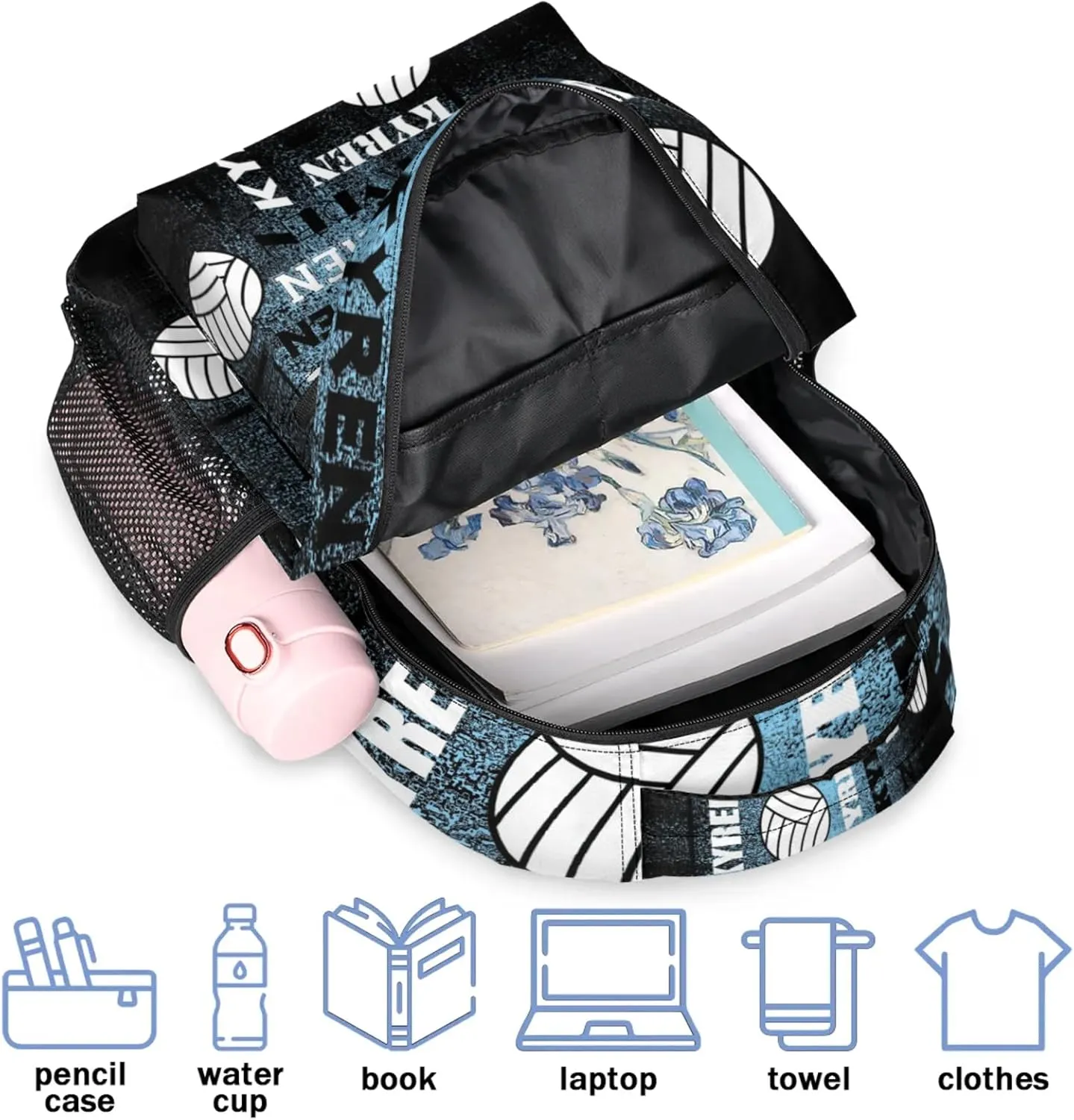 Personalized Name Volleyball Backpack, Custom Sports Bag Backpack for Men Women, Laptop Backpacks Travel Camping Daypack, Blue Black