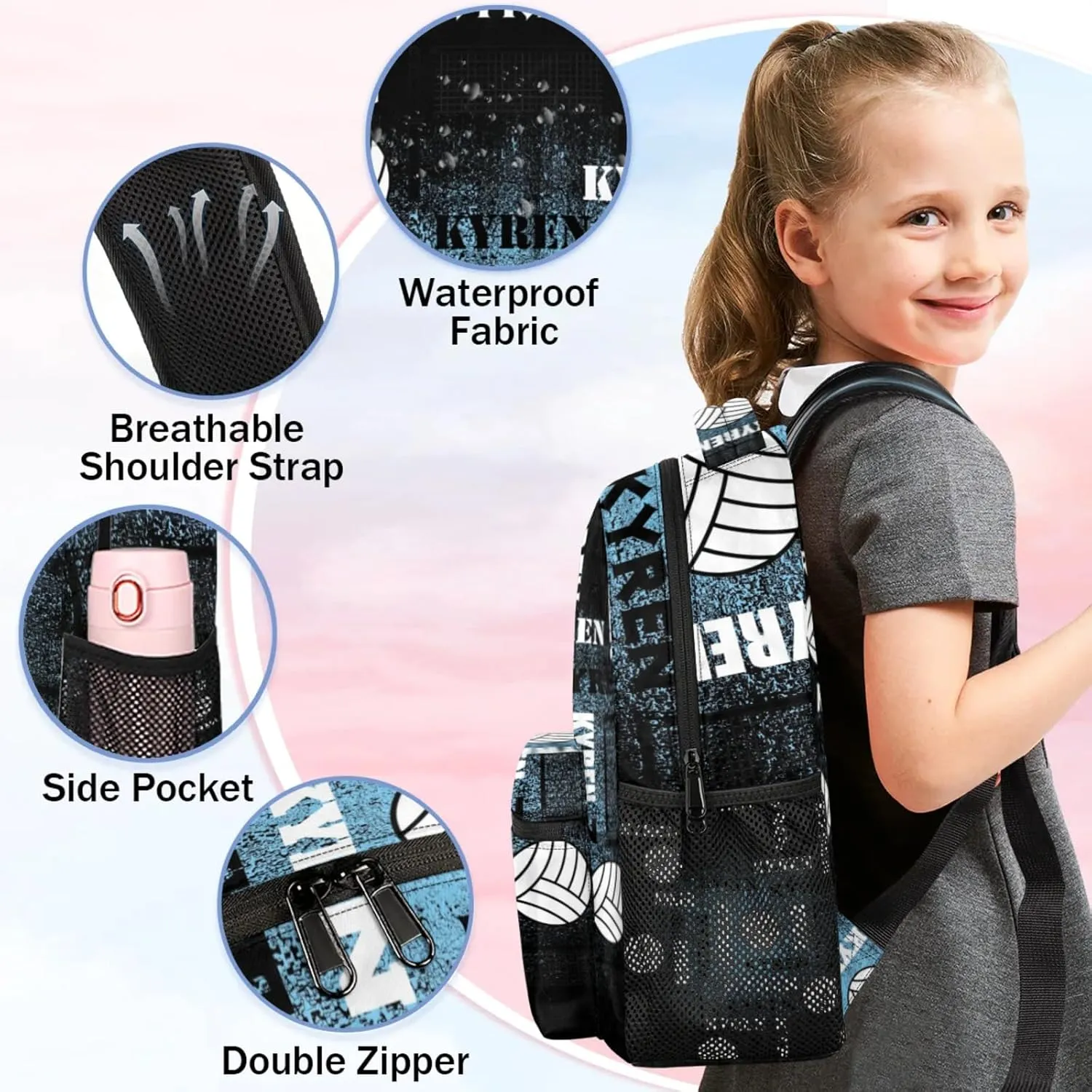 Personalized Name Volleyball Backpack, Custom Sports Bag Backpack for Men Women, Laptop Backpacks Travel Camping Daypack, Blue Black