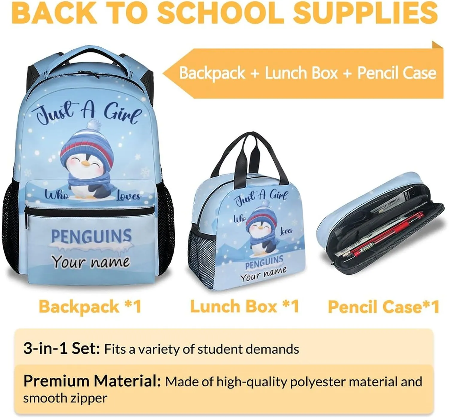 Personalized Penguin Backpack with Lunch Box Set for Girls Boys, 3 in 1 Primary Middle School Backpacks Matching Combo, Large Capacity, Durable, Lightweight, Blue Bookbag and Pencil Case Bundle