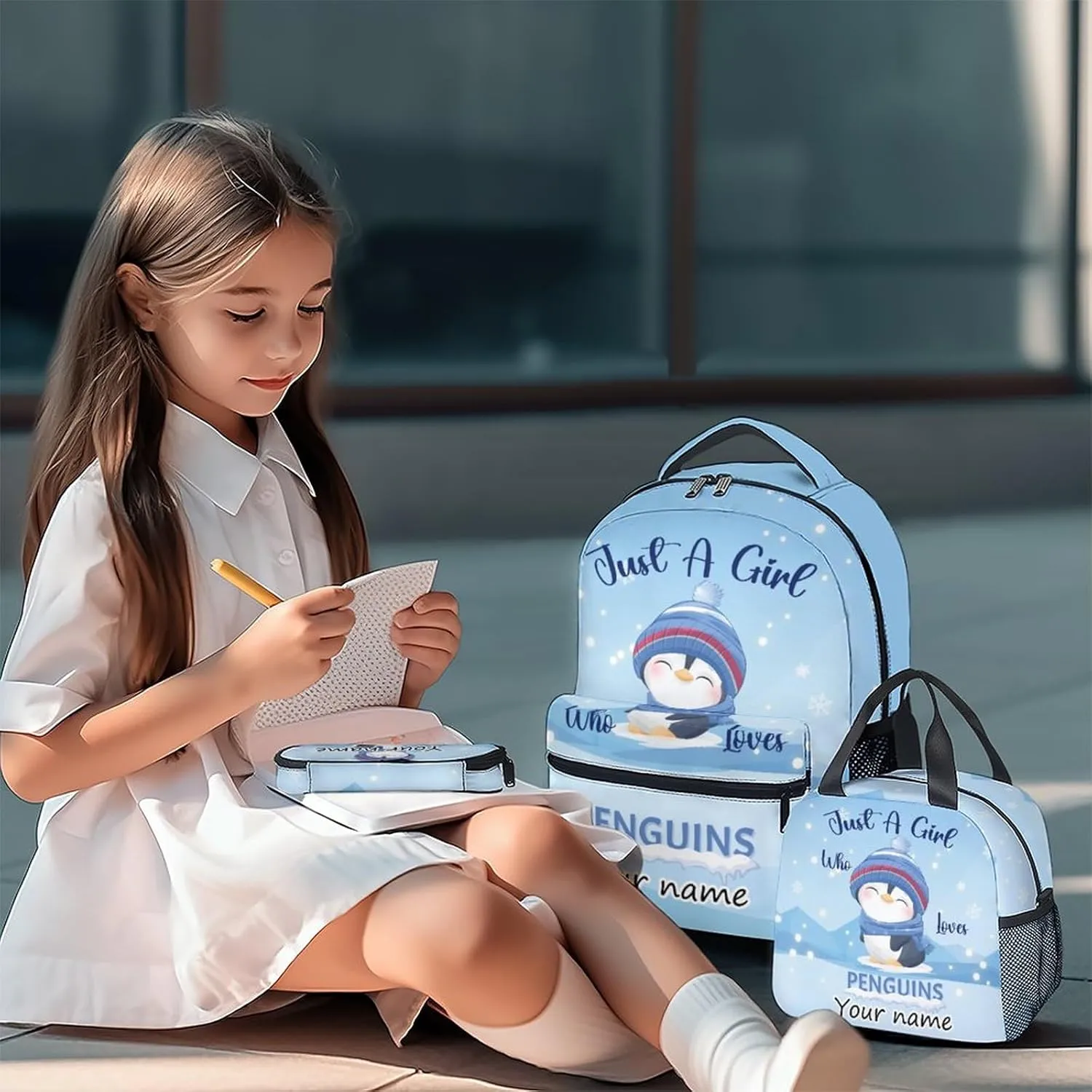 Personalized Penguin Backpack with Lunch Box Set for Girls Boys, 3 in 1 Primary Middle School Backpacks Matching Combo, Large Capacity, Durable, Lightweight, Blue Bookbag and Pencil Case Bundle