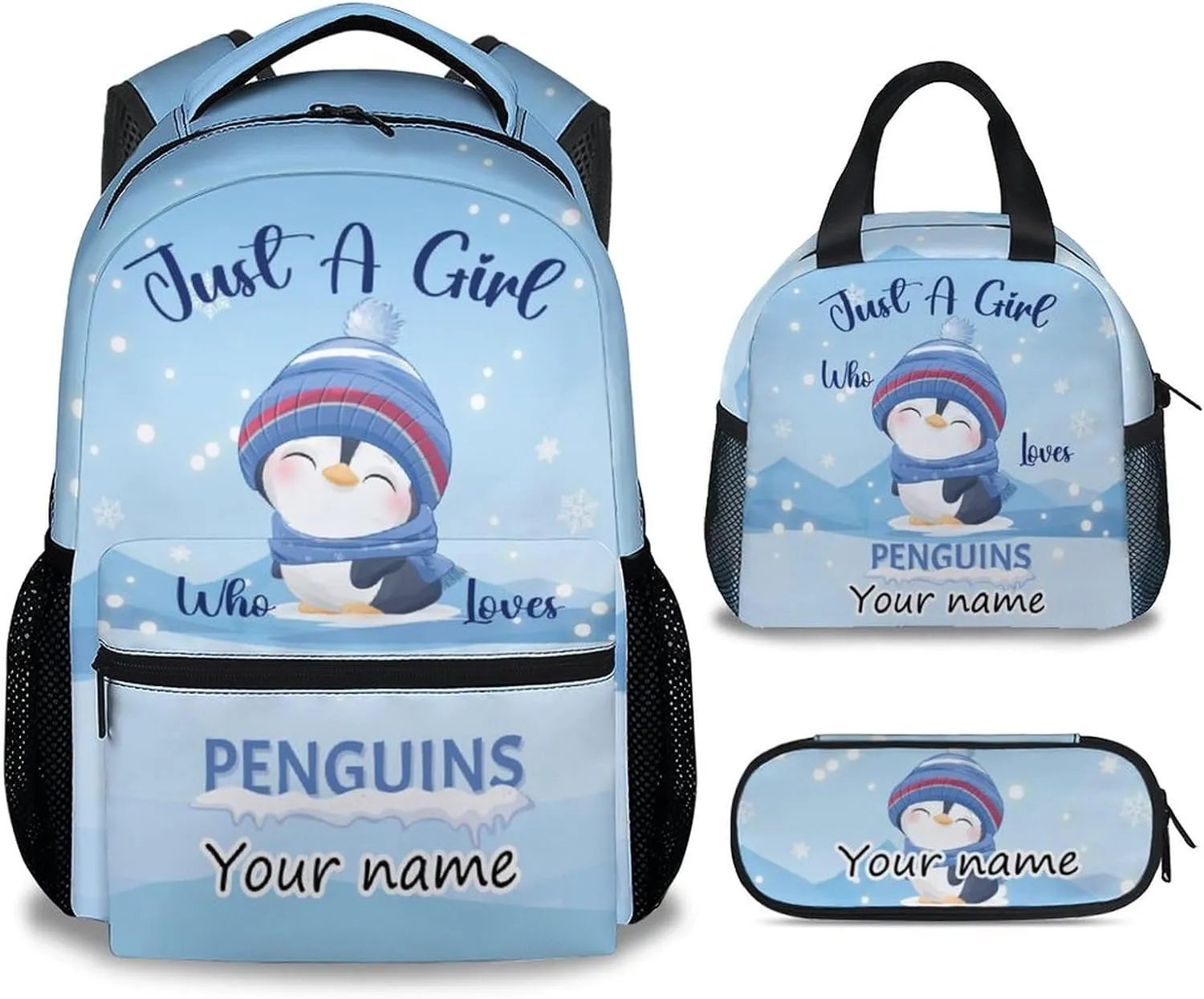 Personalized Penguin Backpack with Lunch Box Set for Girls Boys, 3 in 1 Primary Middle School Backpacks Matching Combo, Large Capacity, Durable, Lightweight, Blue Bookbag and Pencil Case Bundle