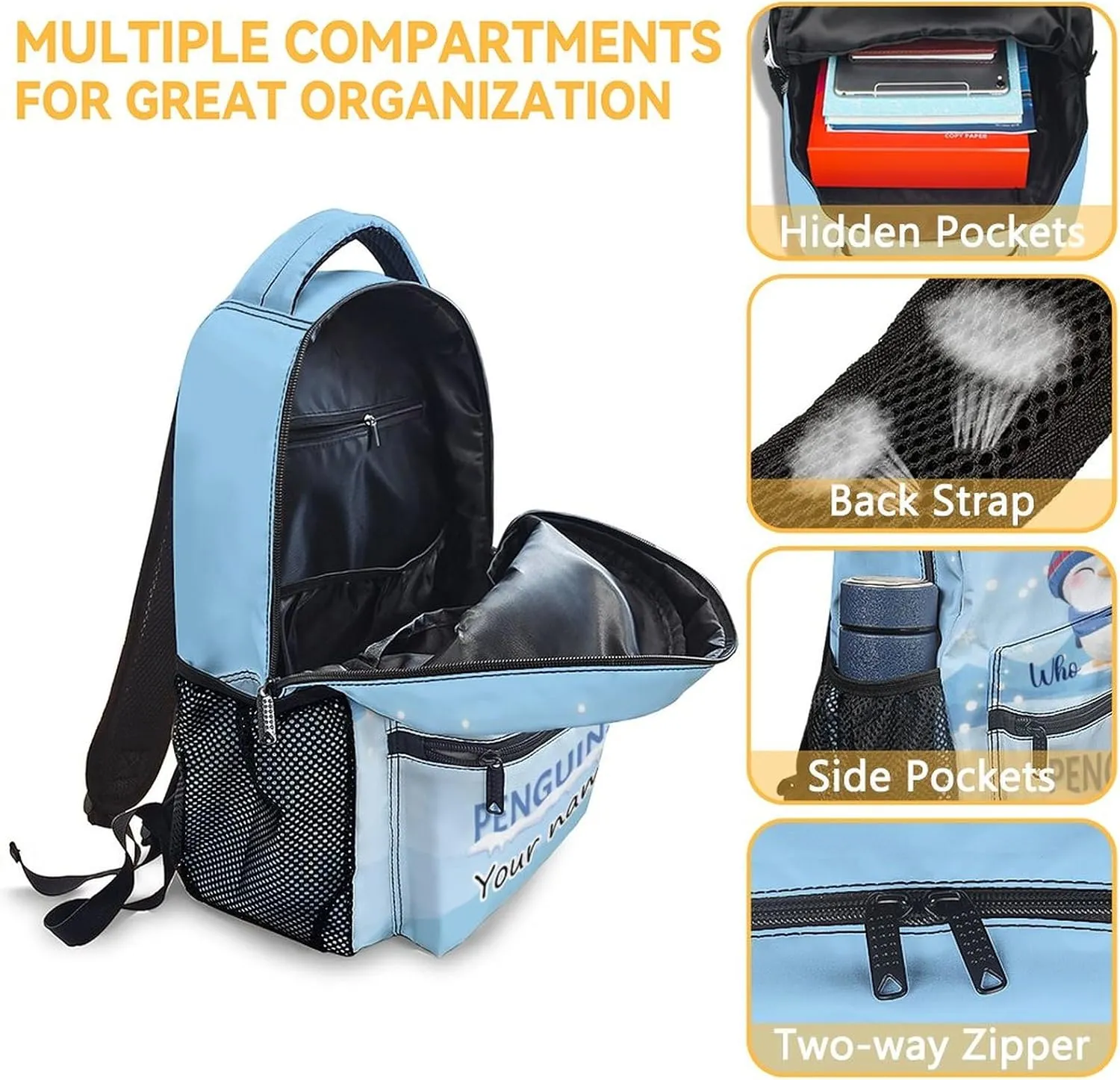 Personalized Penguin Backpack with Lunch Box Set for Girls Boys, 3 in 1 Primary Middle School Backpacks Matching Combo, Large Capacity, Durable, Lightweight, Blue Bookbag and Pencil Case Bundle