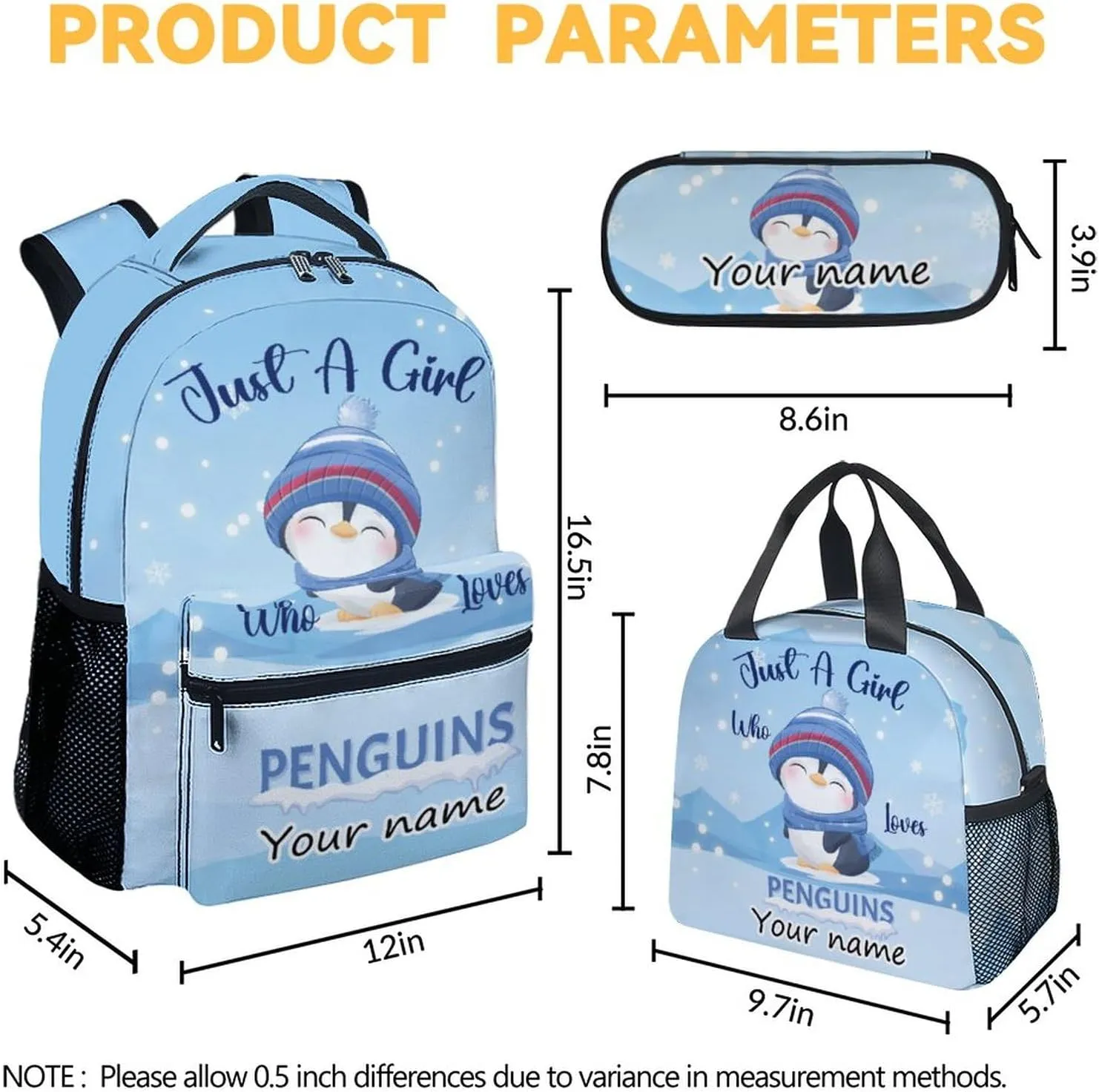 Personalized Penguin Backpack with Lunch Box Set for Girls Boys, 3 in 1 Primary Middle School Backpacks Matching Combo, Large Capacity, Durable, Lightweight, Blue Bookbag and Pencil Case Bundle