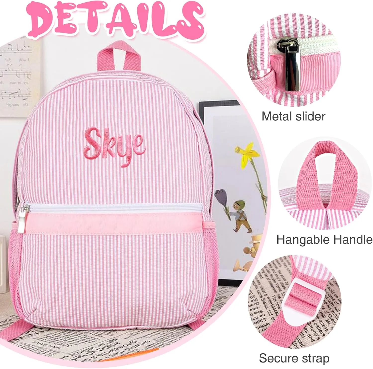 Personalized Seersucker Backpack & Lunch Bag Set Custom Embroidered Lightweight Travel Bookbag with Adjustable Straps, Insulated Lunchbox (Pink)