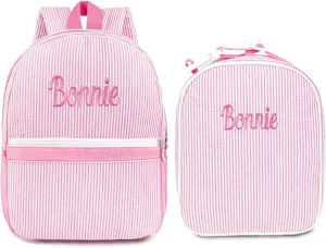 Personalized Seersucker Backpack & Lunch Bag Set Custom Embroidered Lightweight Travel Bookbag with Adjustable Straps, Insulated Lunchbox (Pink)