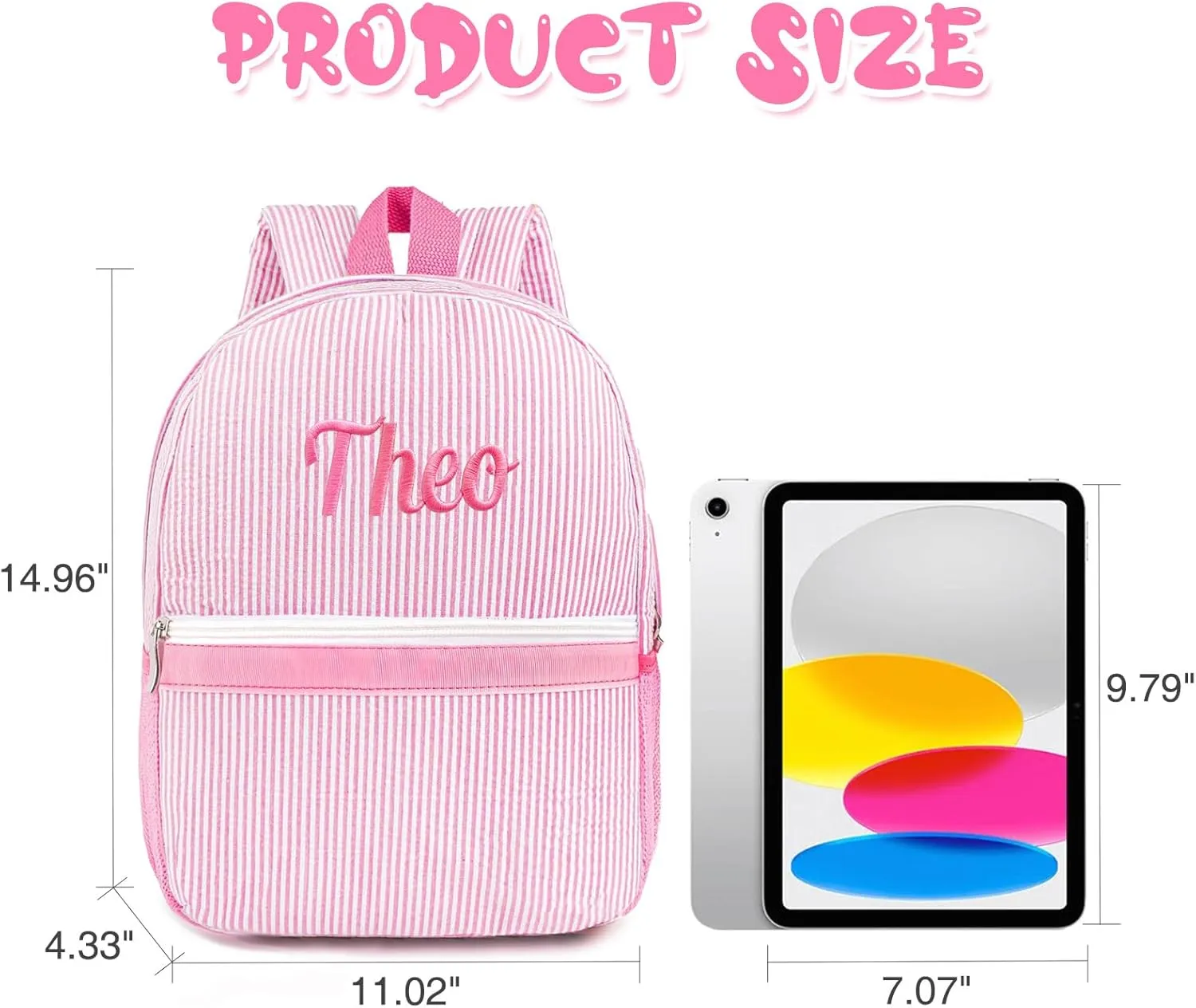 Personalized Seersucker Backpack & Lunch Bag Set Custom Embroidered Lightweight Travel Bookbag with Adjustable Straps, Insulated Lunchbox (Pink)