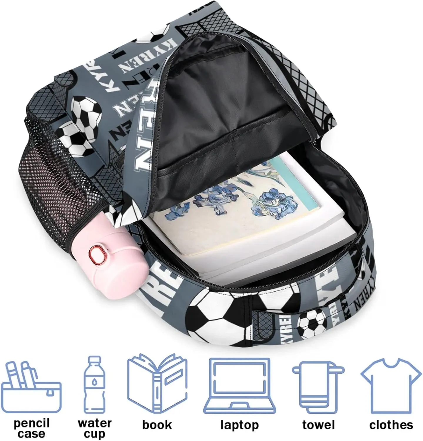 Personalized Soccer Backpack for Men Women, Custom Name Sports Bag Backpack Laptop Backpacks Travel Camping Daypack, Black Grey