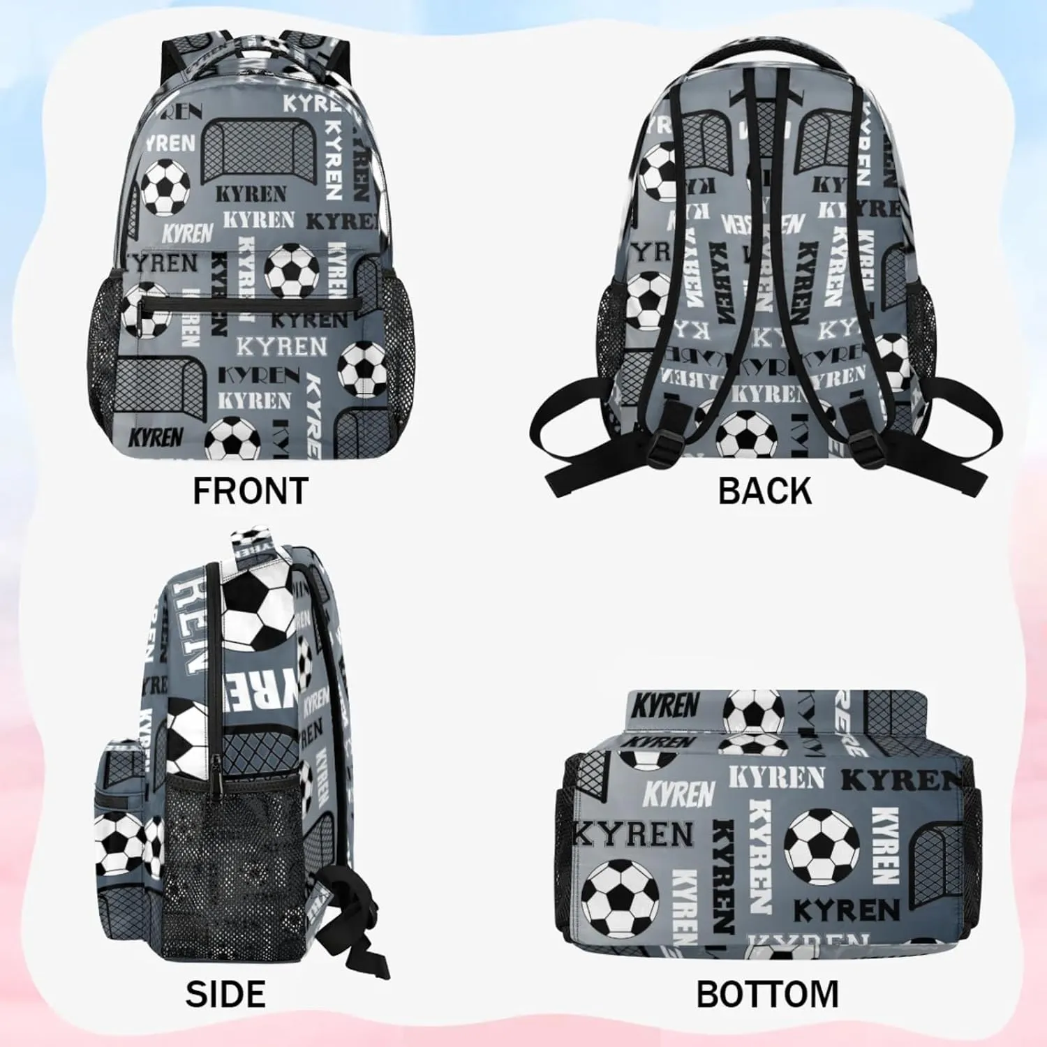 Personalized Soccer Backpack for Men Women, Custom Name Sports Bag Backpack Laptop Backpacks Travel Camping Daypack, Black Grey