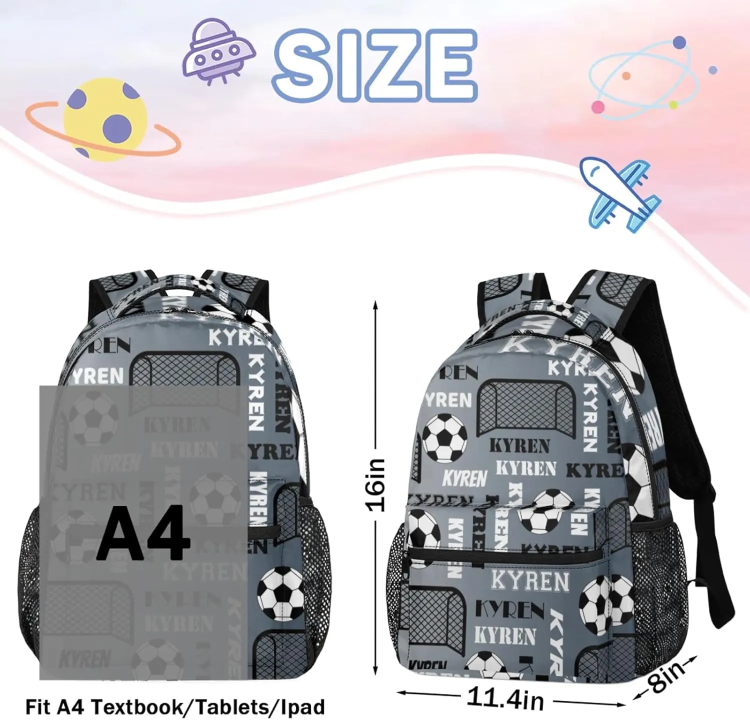 Personalized Soccer Backpack for Men Women, Custom Name Sports Bag Backpack Laptop Backpacks Travel Camping Daypack, Black Grey