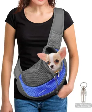 Pet Dog Sling Carrier Cat Travel Bag Adjustable Strap Hands Free Puppy Papoose Bag with Stainless Steel Name Identification Barrel Tube Collar ID Tags (Blue(up to 10 lbs))