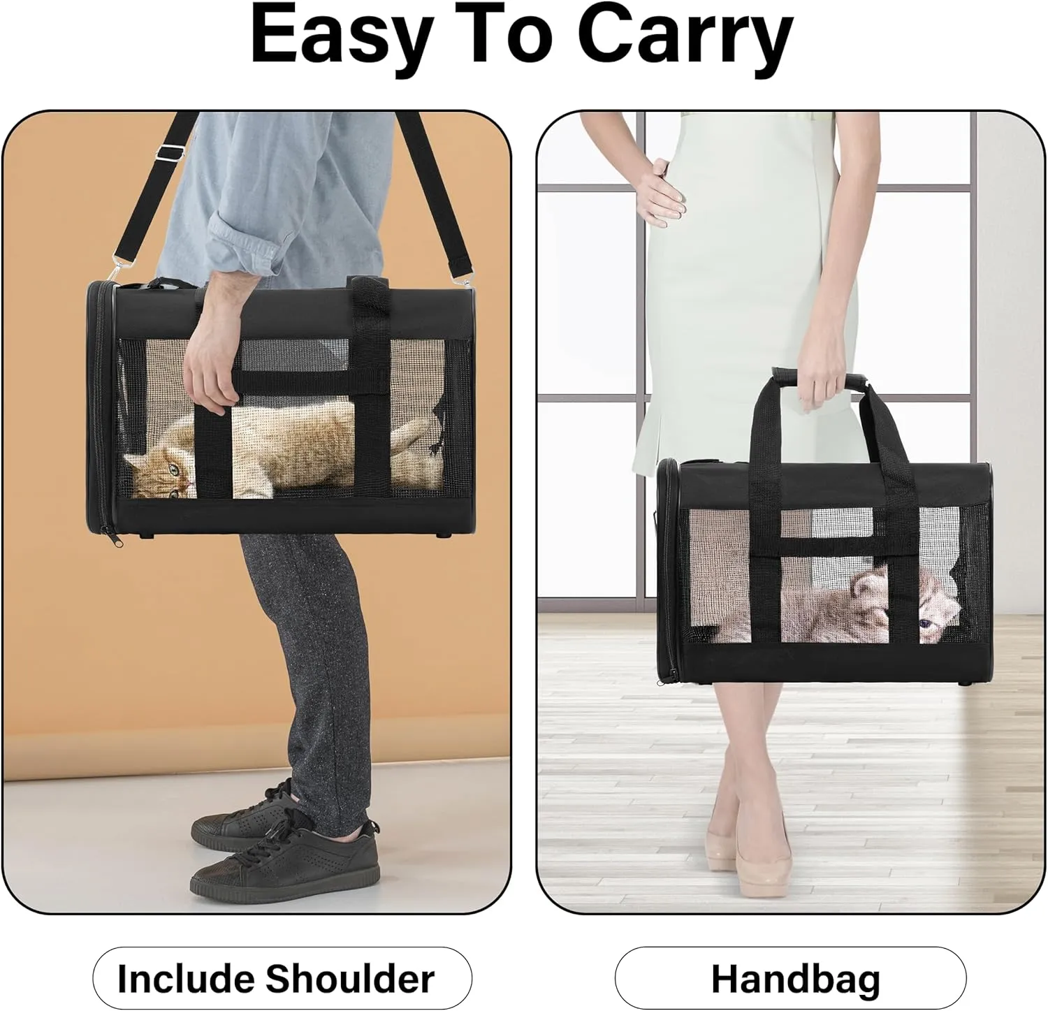 Pet Travel Carrier Soft Sided Portable Bag for Cats, Small Dogs, Kittens or Puppies, Collapsible, Durable, Airline Approved, Travel Friendly (Black Regular)