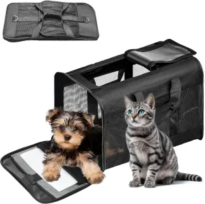 Pet Travel Carrier Soft Sided Portable Bag for Cats, Small Dogs, Kittens or Puppies, Collapsible, Durable, Airline Approved, Travel Friendly (Black Regular)