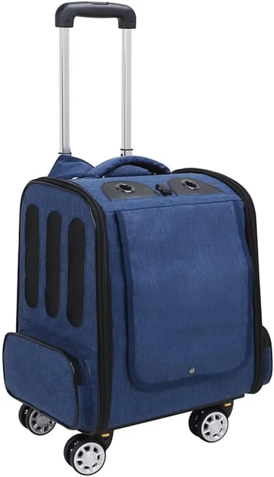 Pet Travel Trolley Cat/Dog Carrier with Swivel Wheels, Pet Backpack Carrier Breathable Dog Transport Box Cat Crate Bag Box Pet Portable Suitcase with Pockets (Blue)