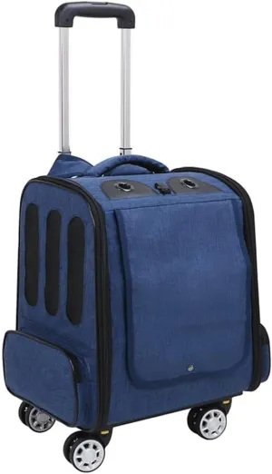 Pet Travel Trolley Cat/Dog Carrier with Swivel Wheels, Pet Backpack Carrier Breathable Dog Transport Box Cat Crate Bag Box Pet Portable Suitcase with Pockets (Blue)