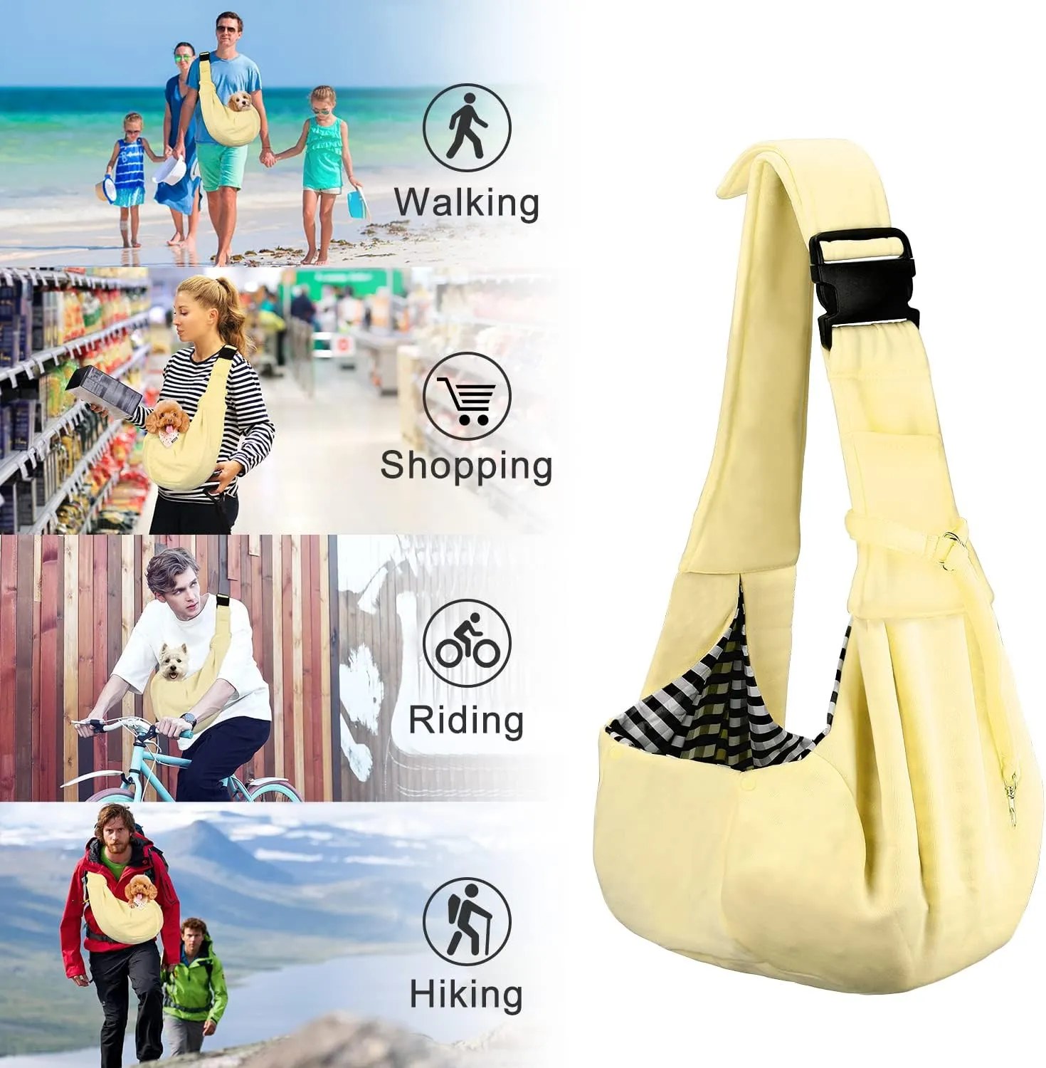 PETLOFT Reversible Dog Cat Sling Carrier, Small Dog Carrier, Adjustable Dog Sling, Hands Free Cross Body Carrier with Collar Hook for Dog/Cat/Bunny up to 11lb (Beige)