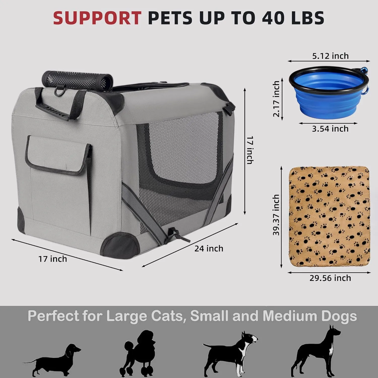 Petprsco Extra Large Cat Carrier for 2 Cats Small Medium Dogs，Soft Sided Pet Carrier 24x17x17 for Car Travel with Collapsible Litter Box, Warm Blanket, Foldable Bowl and Washable Pad