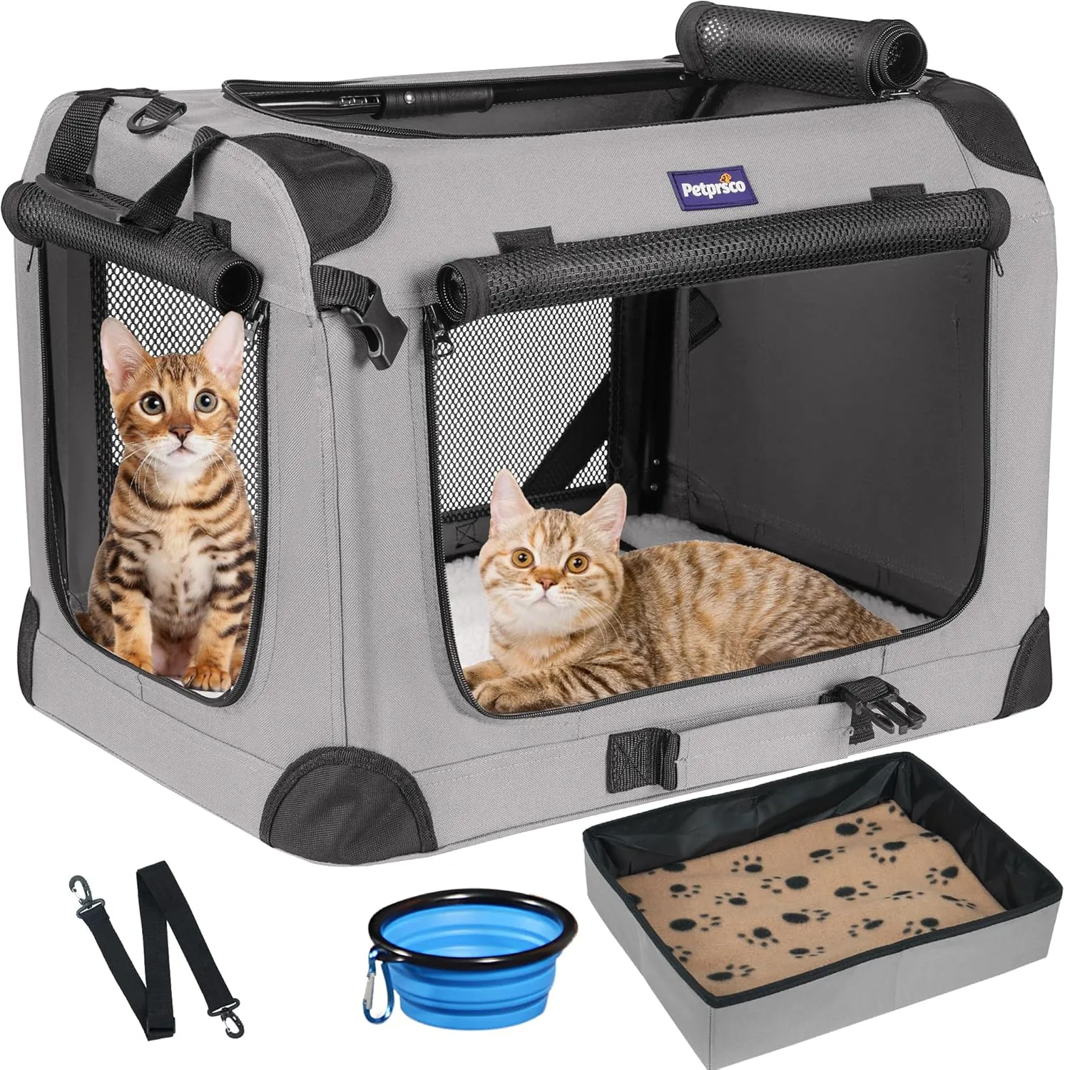 Petprsco Extra Large Cat Carrier for 2 Cats Small Medium Dogs，Soft Sided Pet Carrier 24x17x17 for Car Travel with Collapsible Litter Box, Warm Blanket, Foldable Bowl and Washable Pad