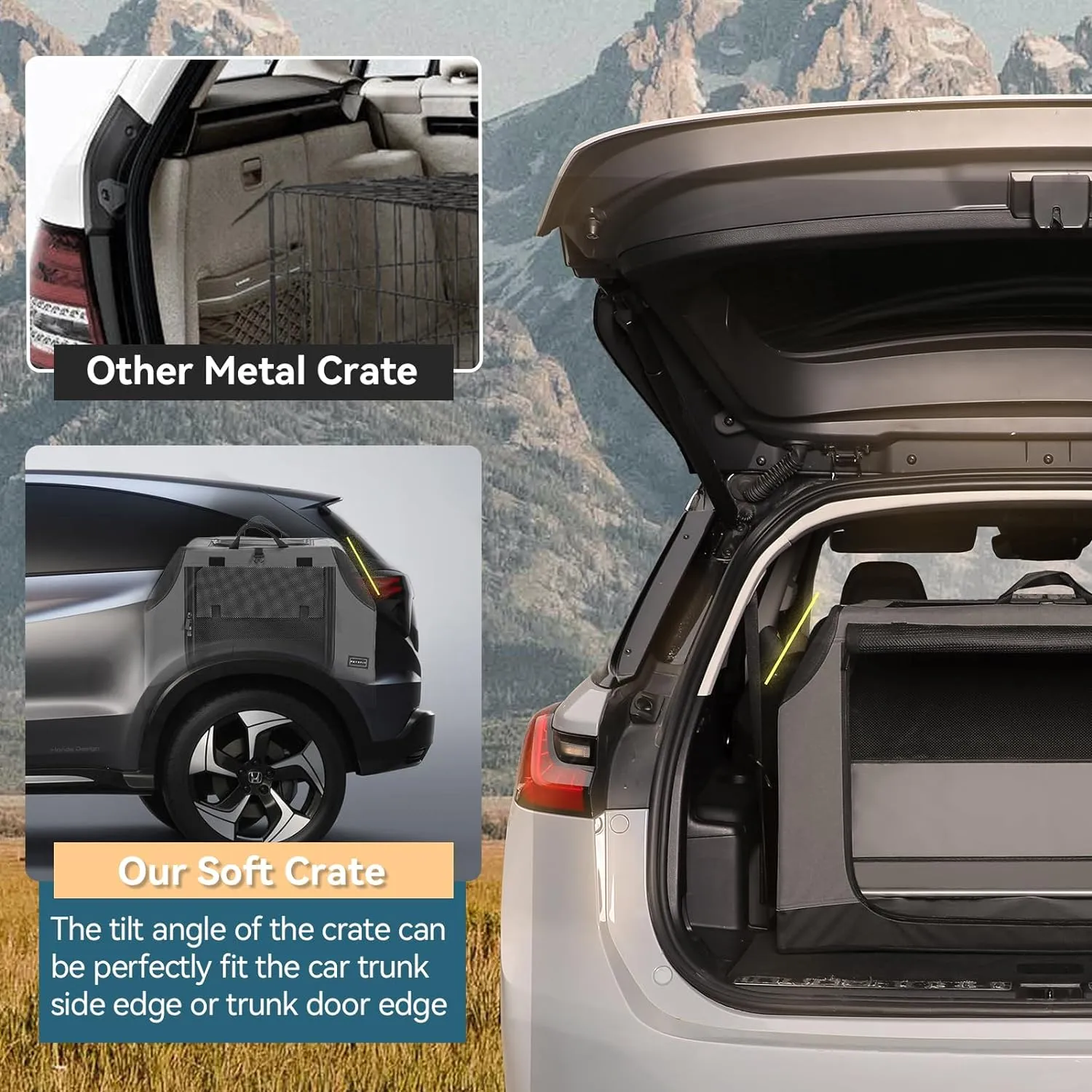 PETSFIT Dog Travel Crate, Soft Sided Dog Crate - 36 Inch Sturdy Adjustable Structure, Easy to Set Up, Collapsible Dog Crate for Car, Light Tough with 3 Mesh Doors Gray