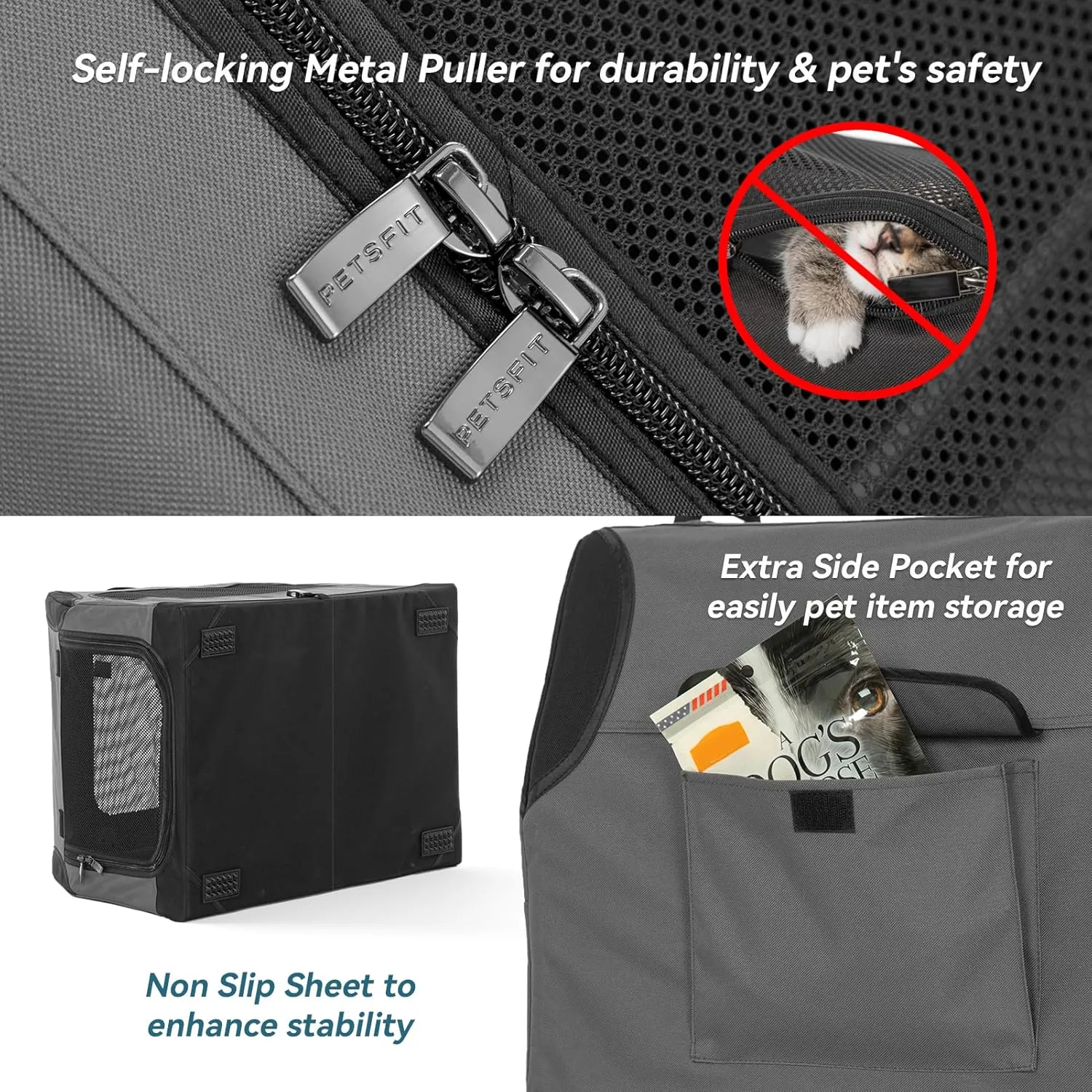 PETSFIT Dog Travel Crate, Soft Sided Dog Crate - 36 Inch Sturdy Adjustable Structure, Easy to Set Up, Collapsible Dog Crate for Car, Light Tough with 3 Mesh Doors Gray