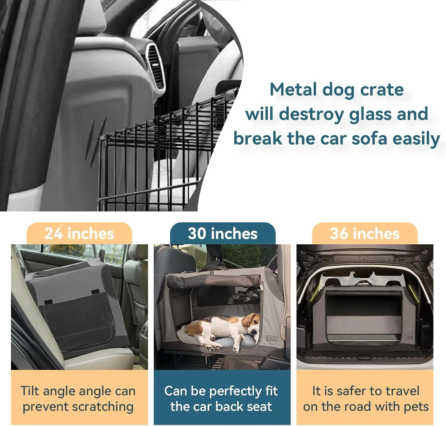 PETSFIT Dog Travel Crate, Soft Sided Dog Crate - 36 Inch Sturdy Adjustable Structure, Easy to Set Up, Collapsible Dog Crate for Car, Light Tough with 3 Mesh Doors Gray