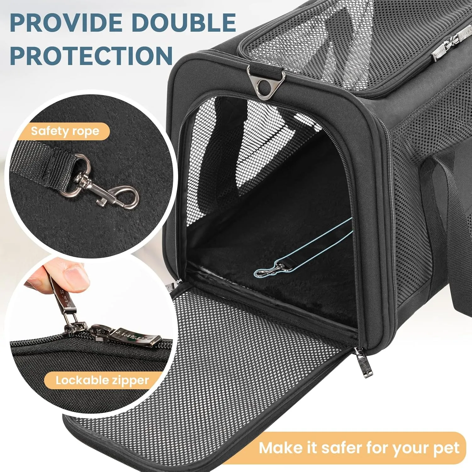 Petsfit Large Cat Carrier for 2 Cats, Lightweight Collapsible Double Cat Carrier for Travel, 5-Sided Breathable Mesh, with Adjustable Shoulder Strap, Sturdy Locking Zipper Head and Washable Fleece Pad