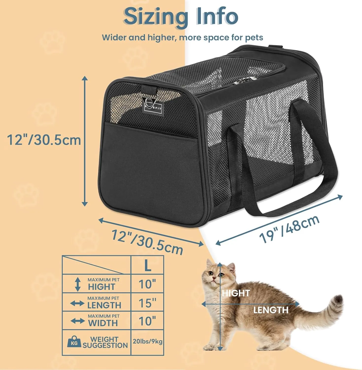 Petsfit Large Cat Carrier for 2 Cats, Lightweight Collapsible Double Cat Carrier for Travel, 5-Sided Breathable Mesh, with Adjustable Shoulder Strap, Sturdy Locking Zipper Head and Washable Fleece Pad