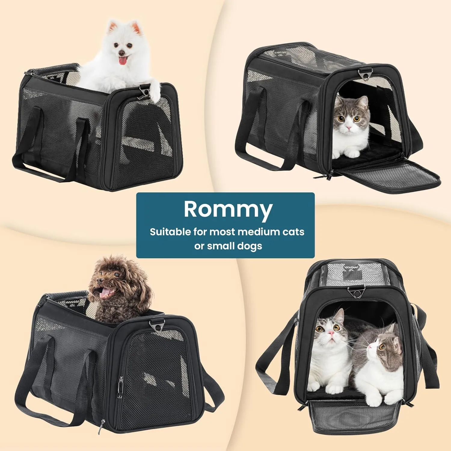 Petsfit Large Cat Carrier for 2 Cats, Lightweight Collapsible Double Cat Carrier for Travel, 5-Sided Breathable Mesh, with Adjustable Shoulder Strap, Sturdy Locking Zipper Head and Washable Fleece Pad