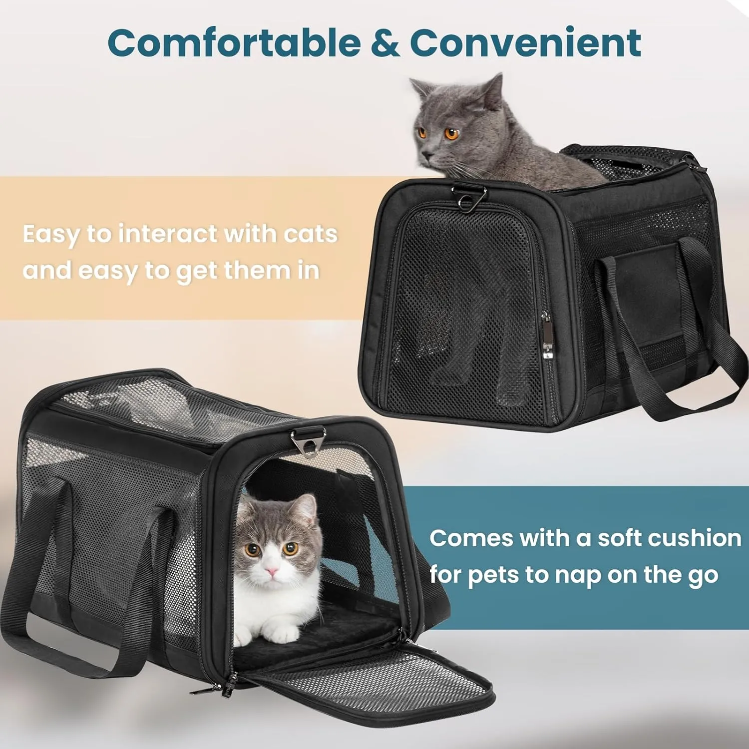 Petsfit Large Cat Carrier for 2 Cats, Lightweight Collapsible Double Cat Carrier for Travel, 5-Sided Breathable Mesh, with Adjustable Shoulder Strap, Sturdy Locking Zipper Head and Washable Fleece Pad